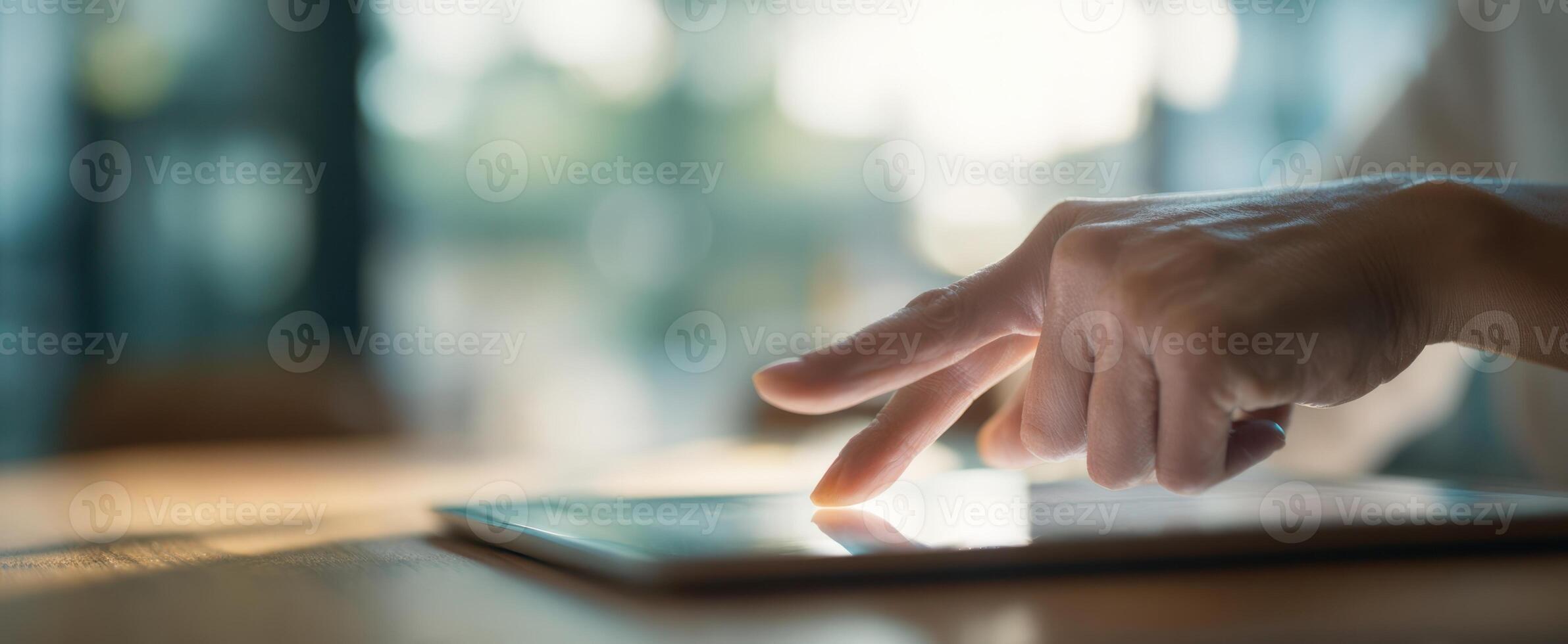 The hand interacting with a touchscreen tablet in a modern work environment. photo