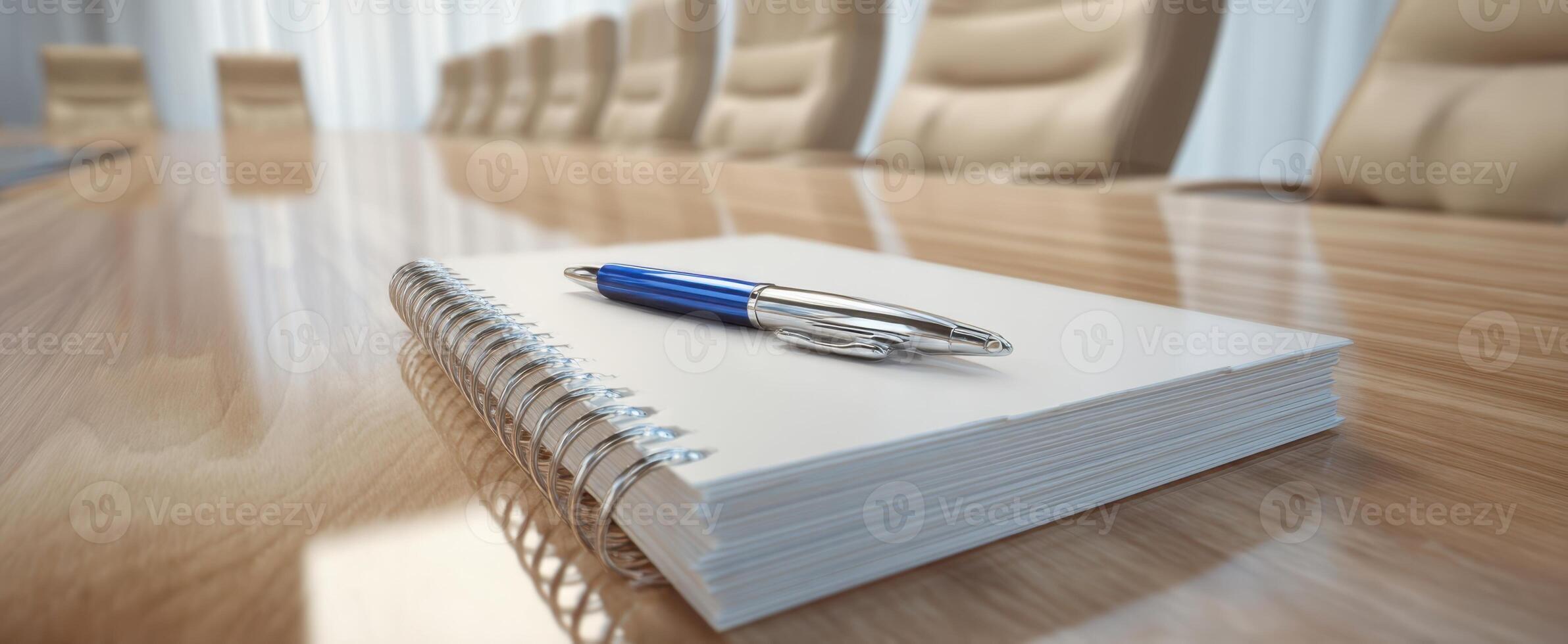 The notebook and pen on a polished conference table set for meetings photo