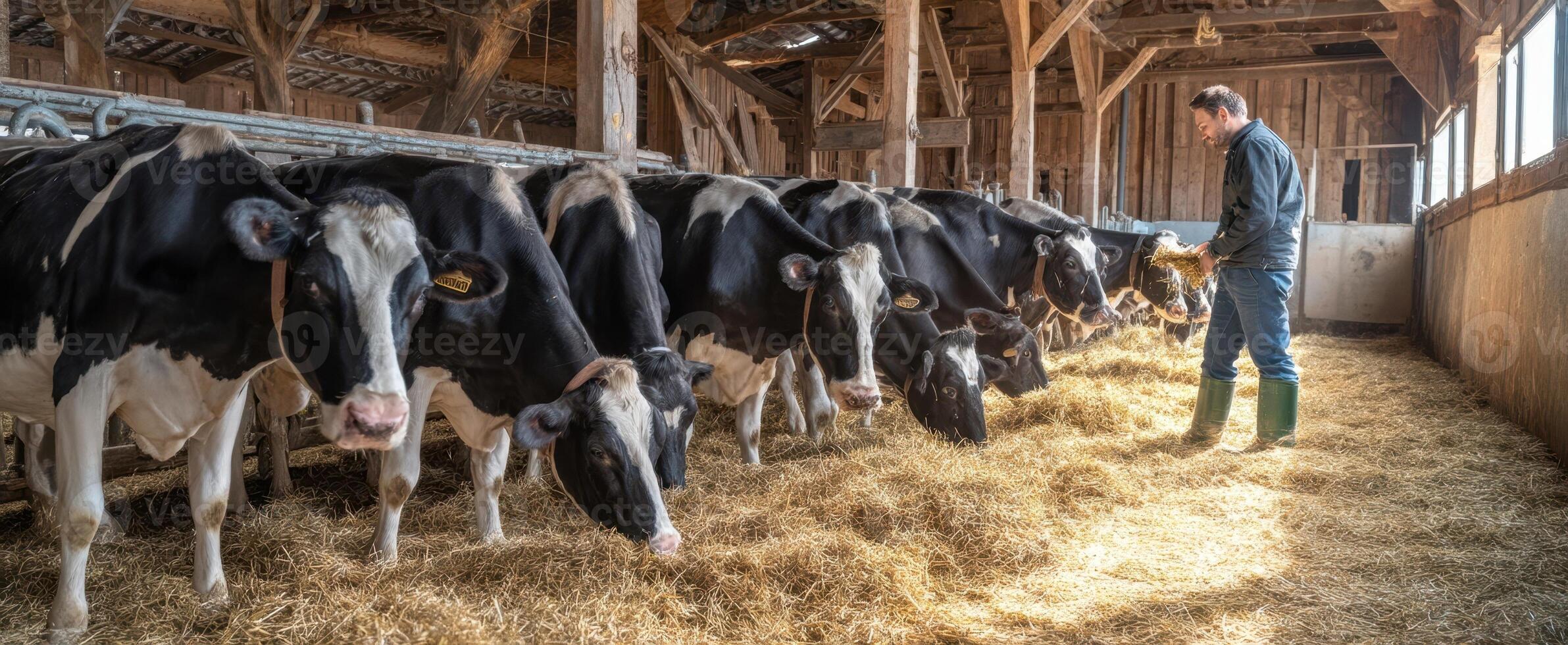 The farmer feeding cows in a sunny barn environment. photo