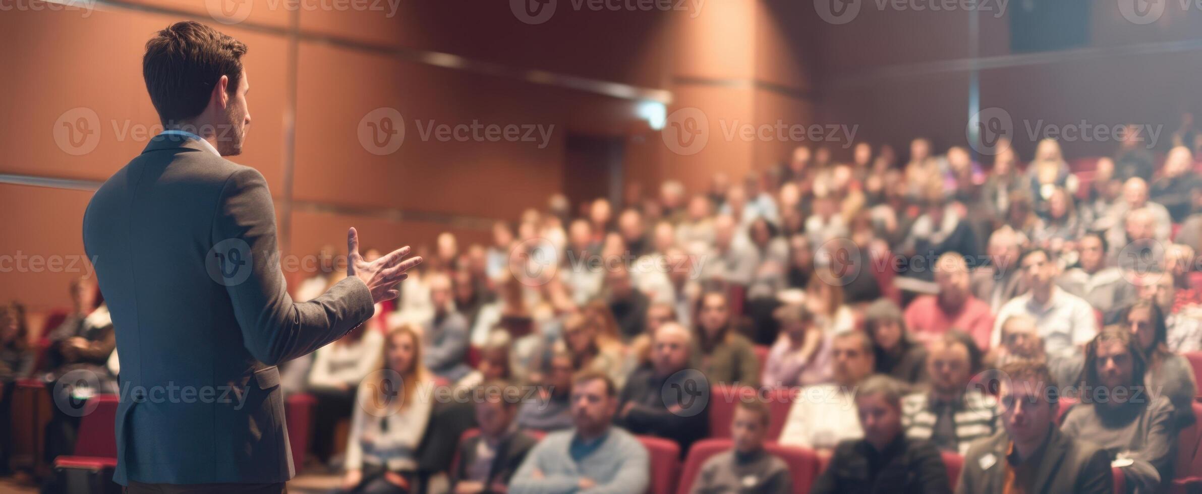The speaker engaging a captivated audience during a professional presentation session. photo