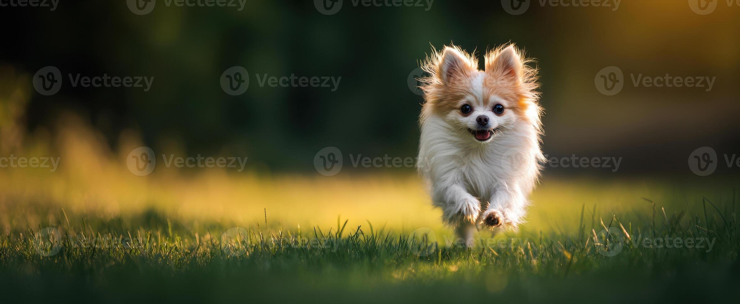 The joyful chihuahua running through the vibrant green grass in the sunlight. photo