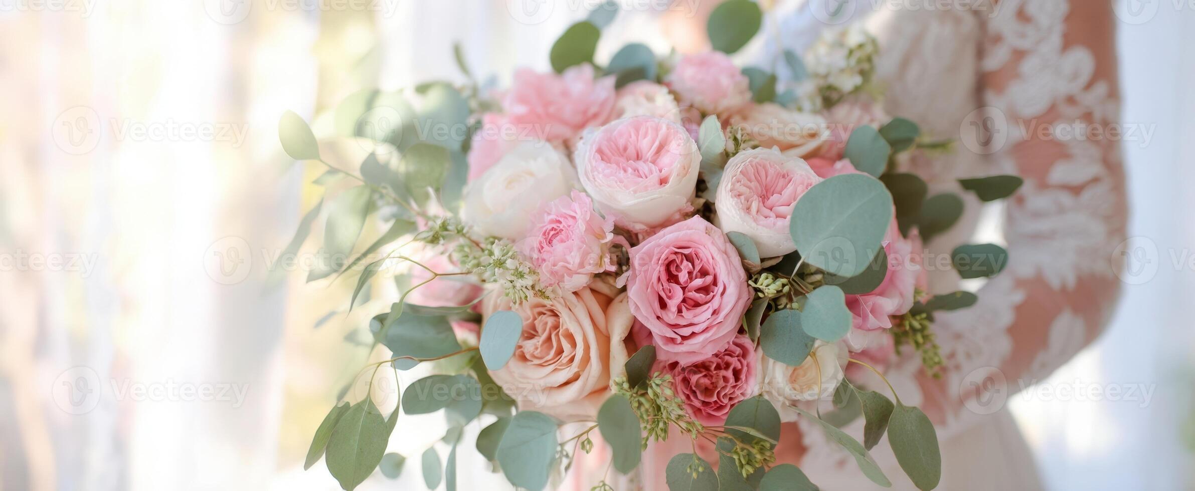 The graceful bouquet of pink roses with lush greenery in a bridal setting. photo