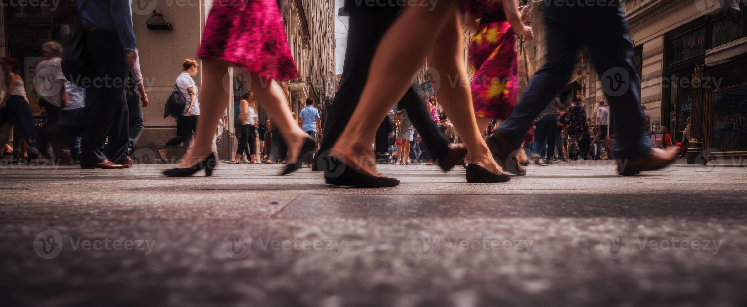 The bustling city streets filled with diverse individuals in motion. photo