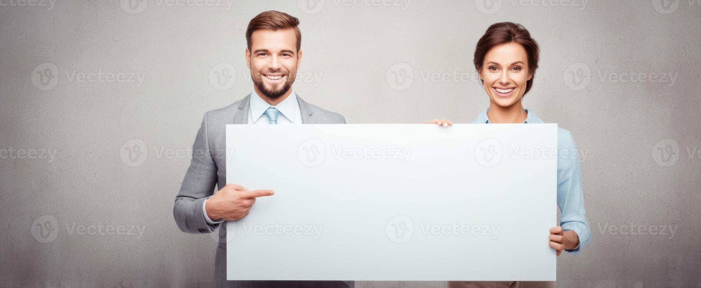 The business couple presenting an empty sign for customizable advertising opportunities. photo