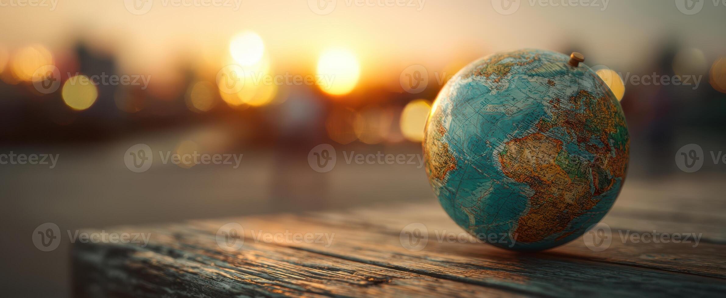 The globe resting on a wooden surface during a stunning sunset backdrop. photo