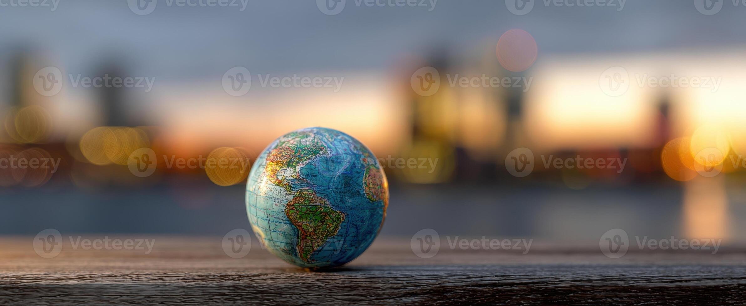 The globe resting on a wooden surface with a city backdrop at sunset. photo