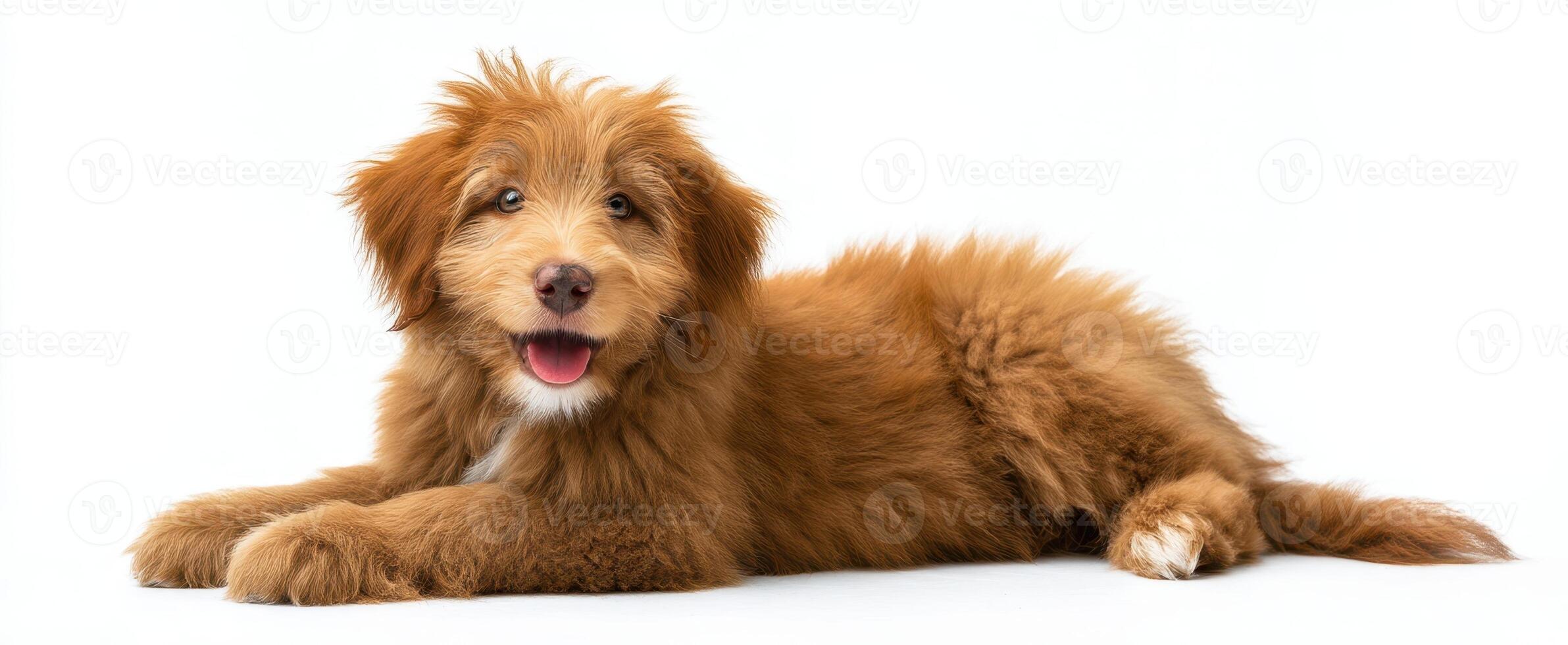 The adorable fluffy puppy enjoying a playful moment on a white background. photo