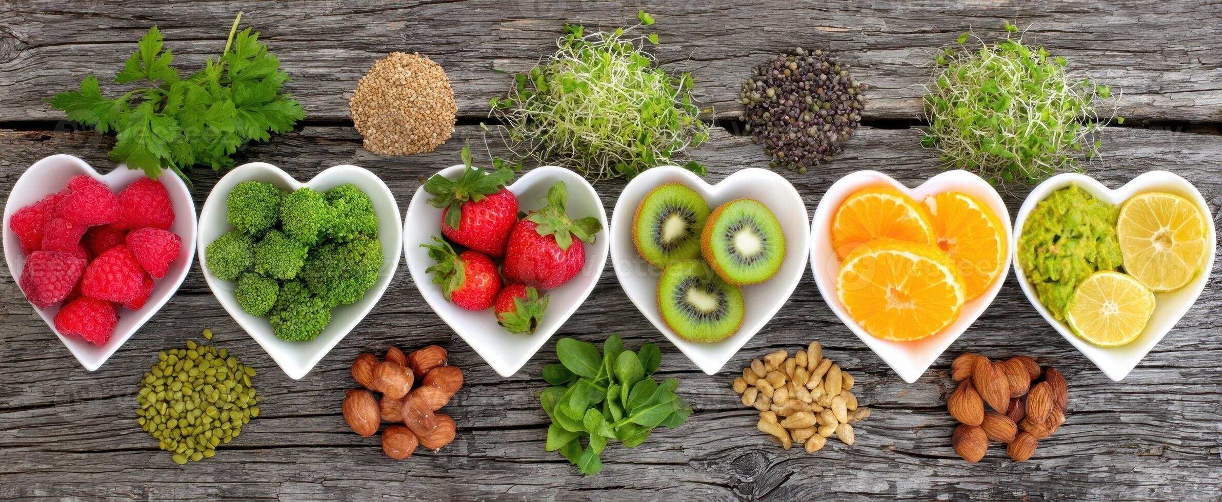 The colorful assortment of fresh fruits and vegetables in heart-shaped bowls. photo