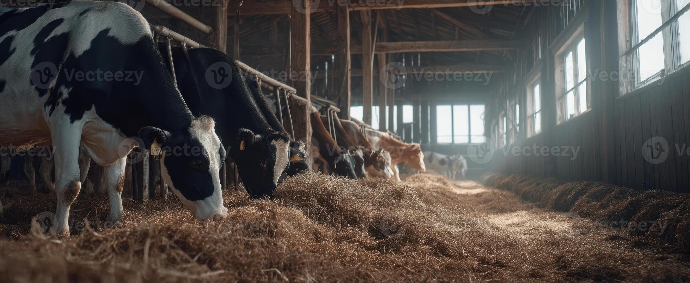 The serene scene of cows feeding in a rustic barn environment photo