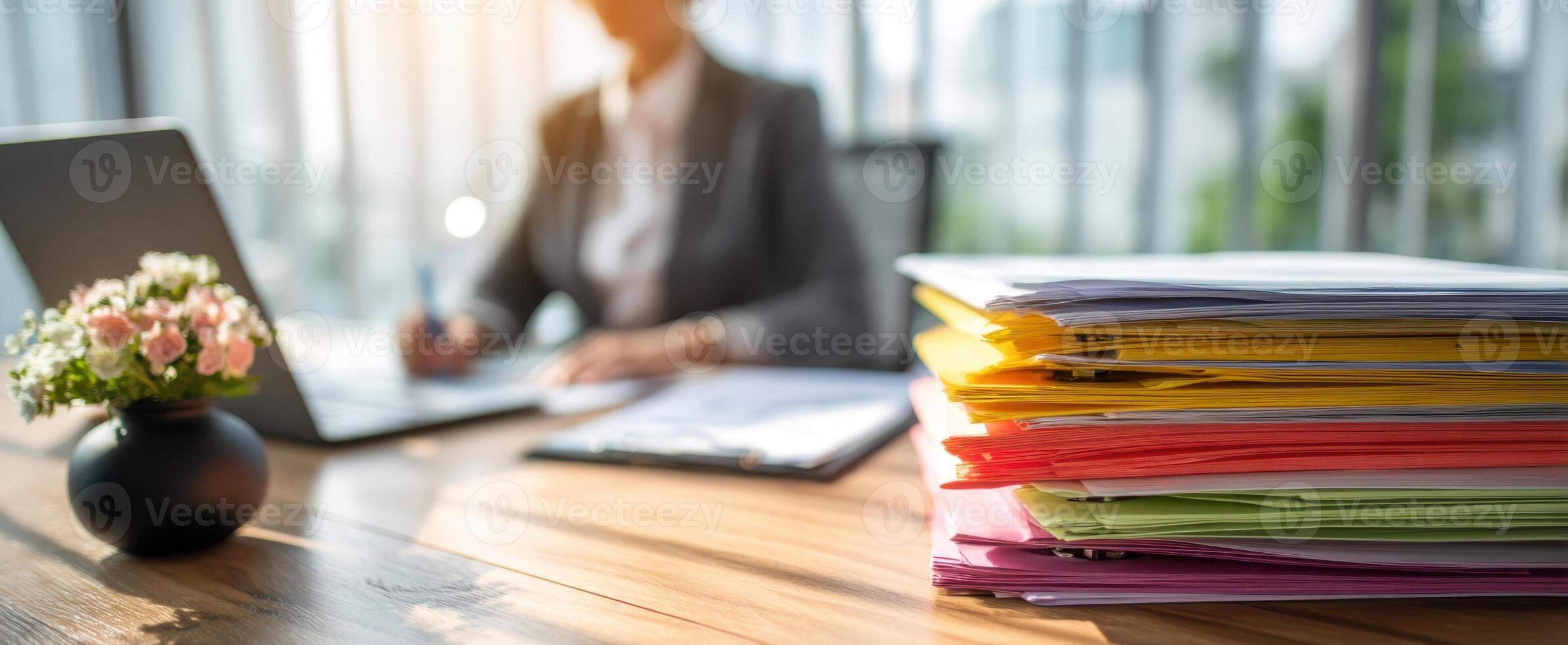 The vibrant stack of papers in a modern office setting. photo