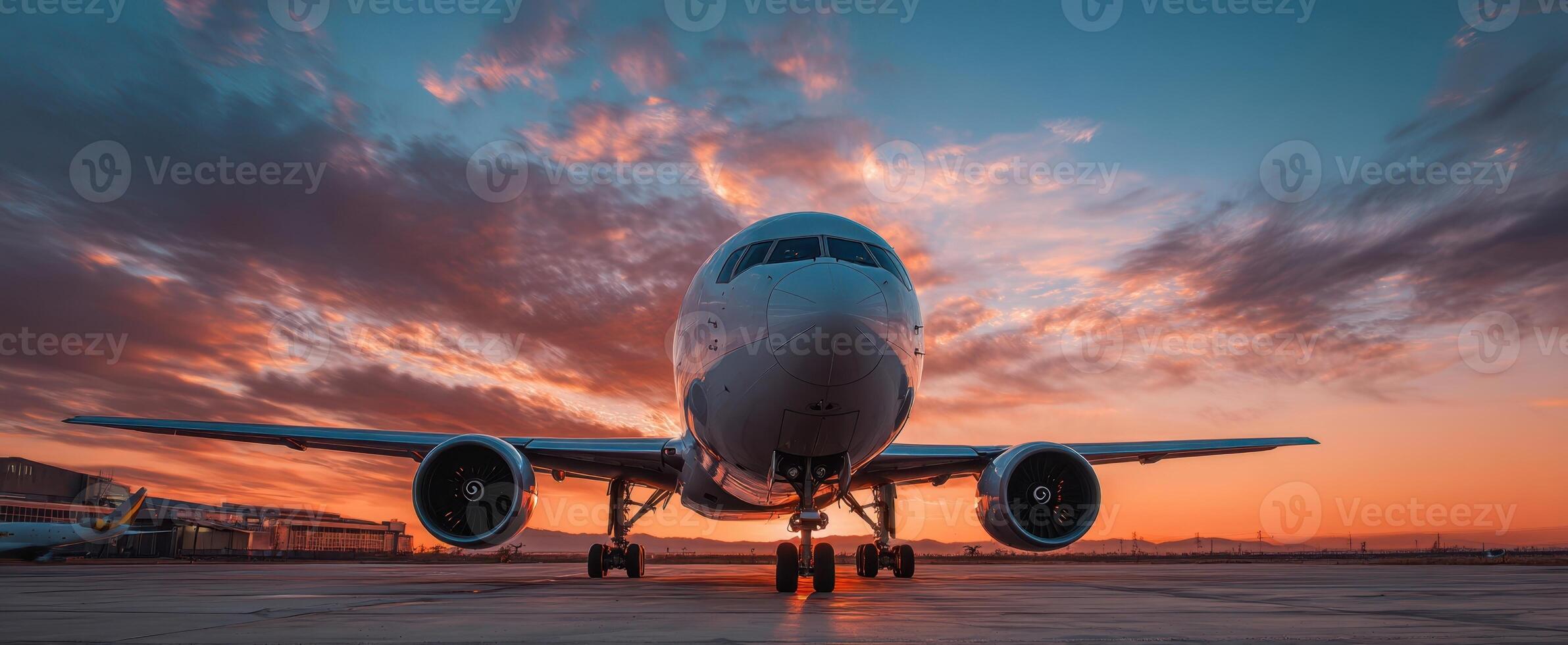 The airplane taking off against a stunning sunset backdrop over the runway. photo