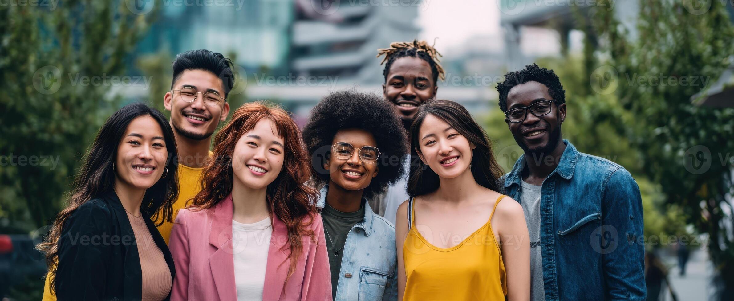 The group of young friends smiling together in an urban setting. photo
