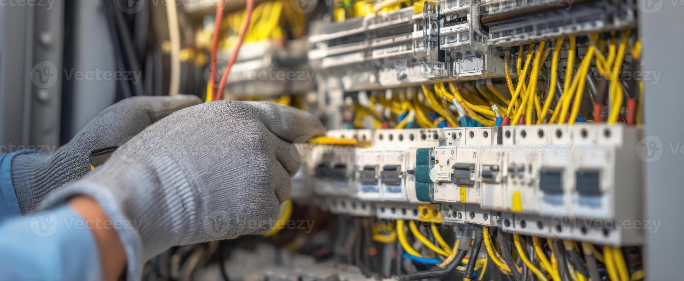 The electrician working on a complex electrical circuit with safety gloves. photo