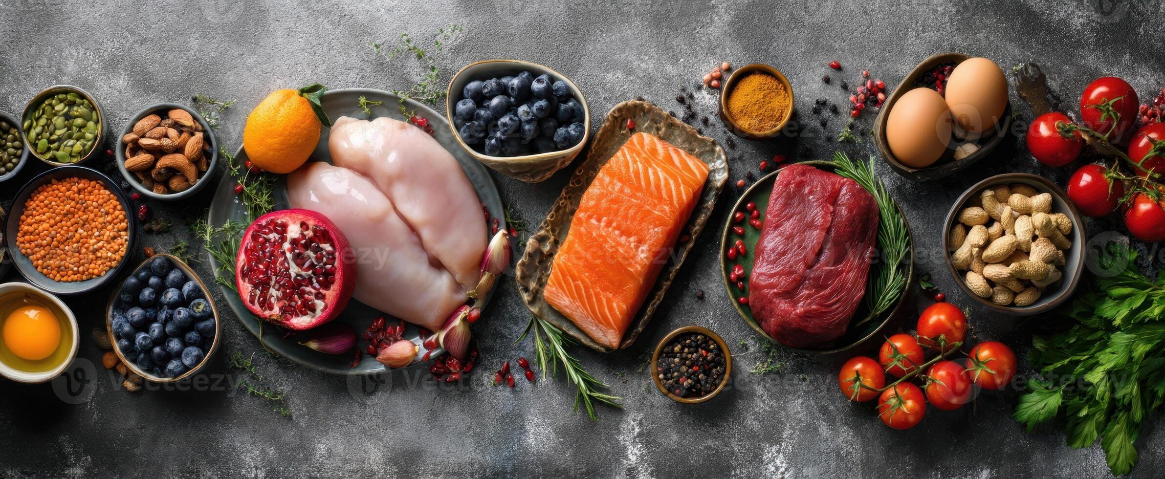 The vibrant display of fresh ingredients for a nutritious meal preparation. photo