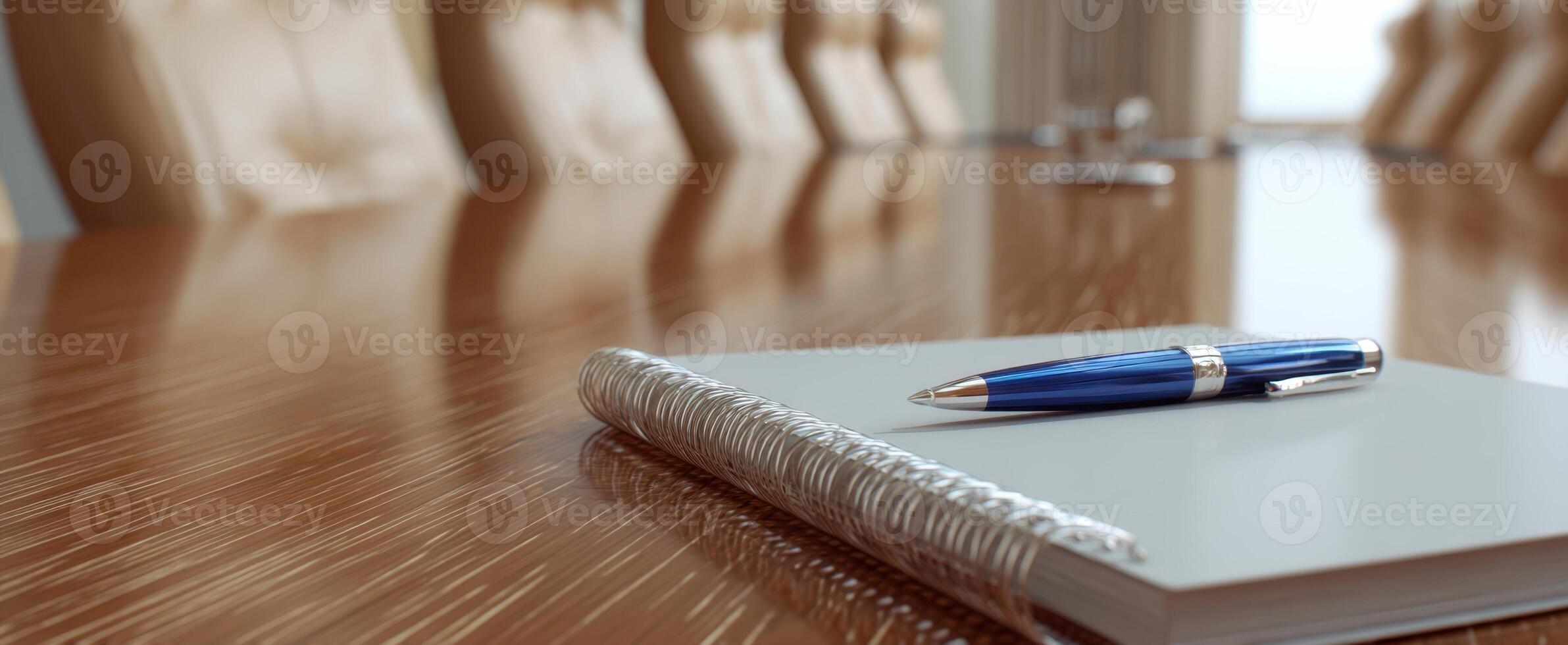 The pen and notebook on a polished conference table in a modern office. photo