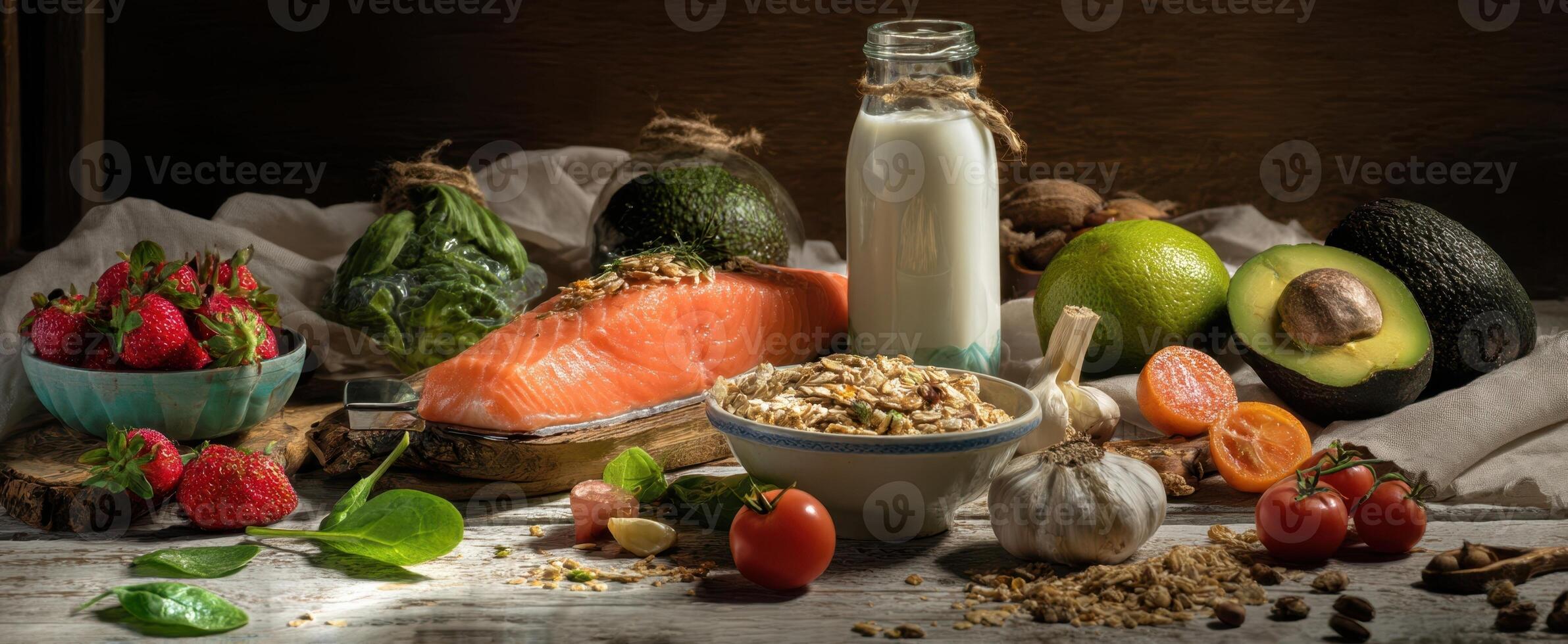 The arrangement of fresh ingredients highlighting salmon and nutritious foods. photo