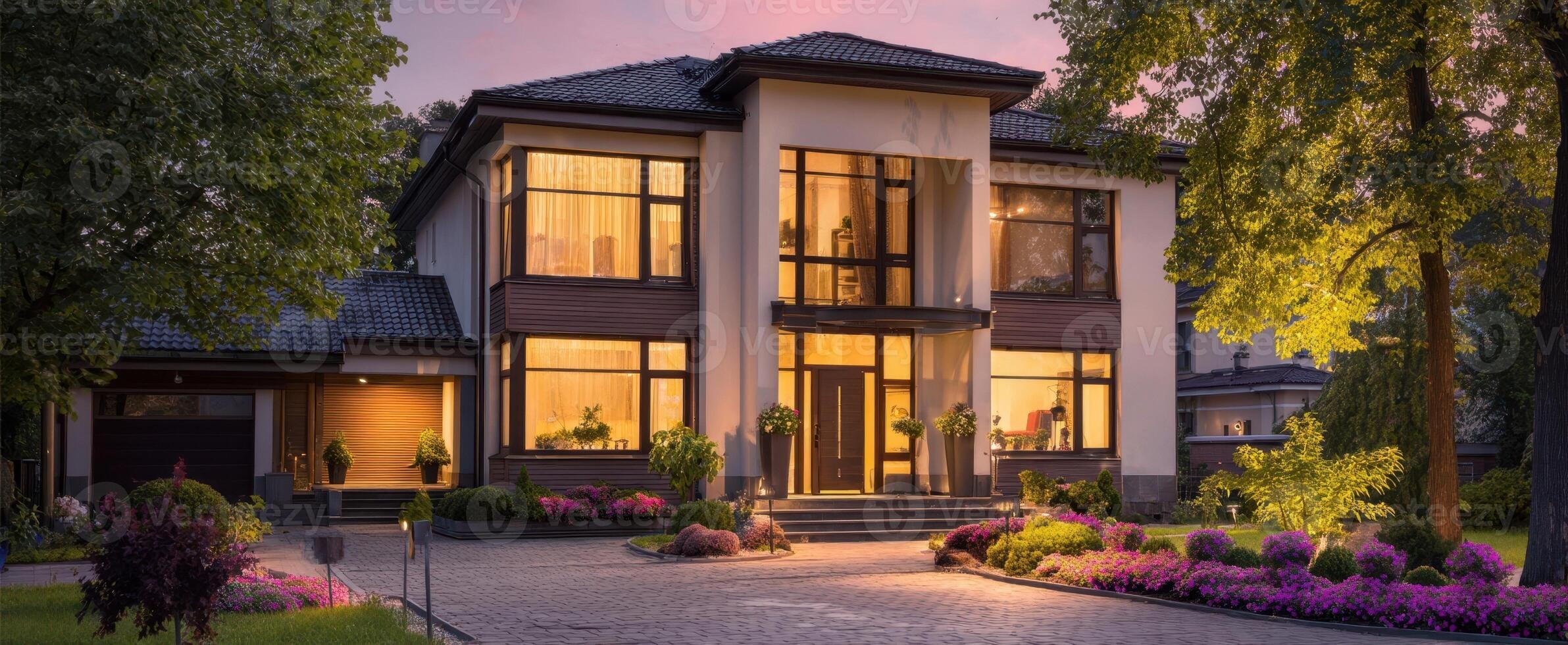 The elegant modern house illuminated by soft evening light surrounded by beautiful landscaping. photo