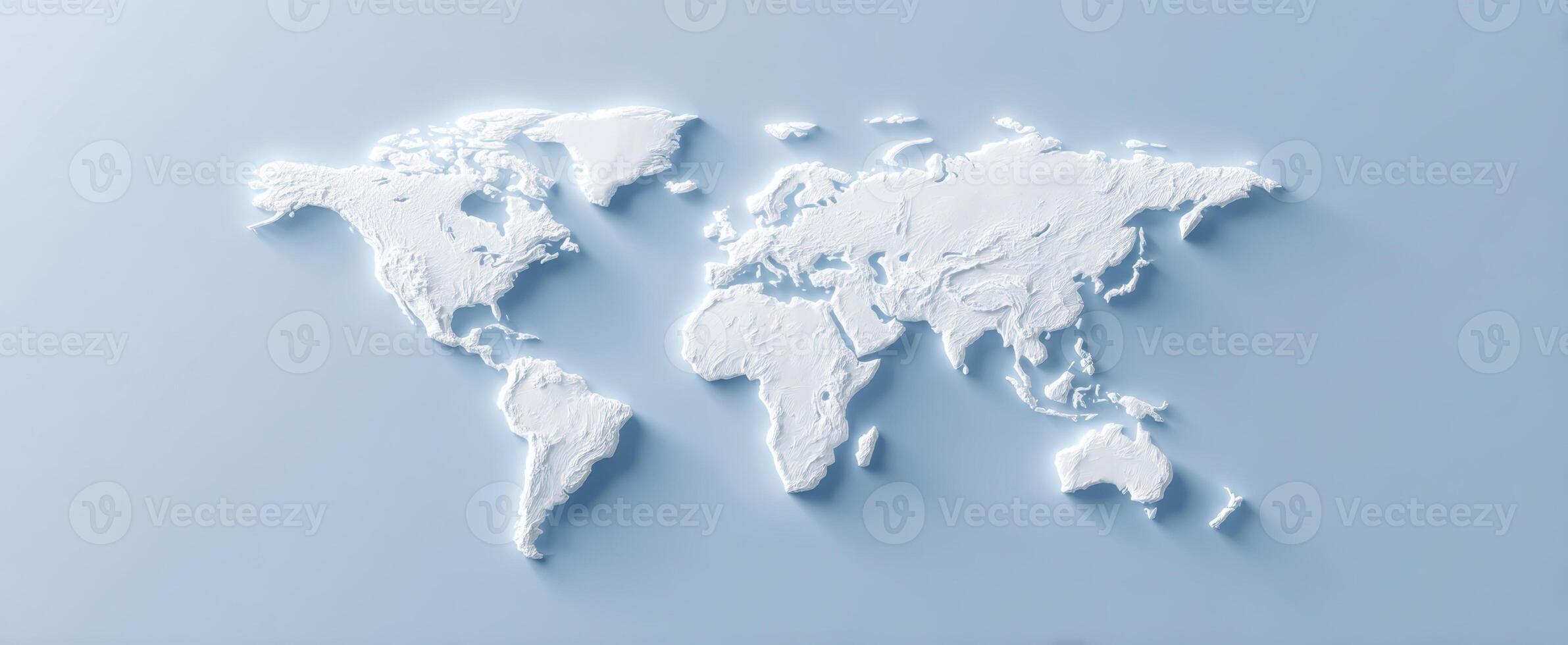 The World Map in Elegant White Relief on a Soft Blue Background photo