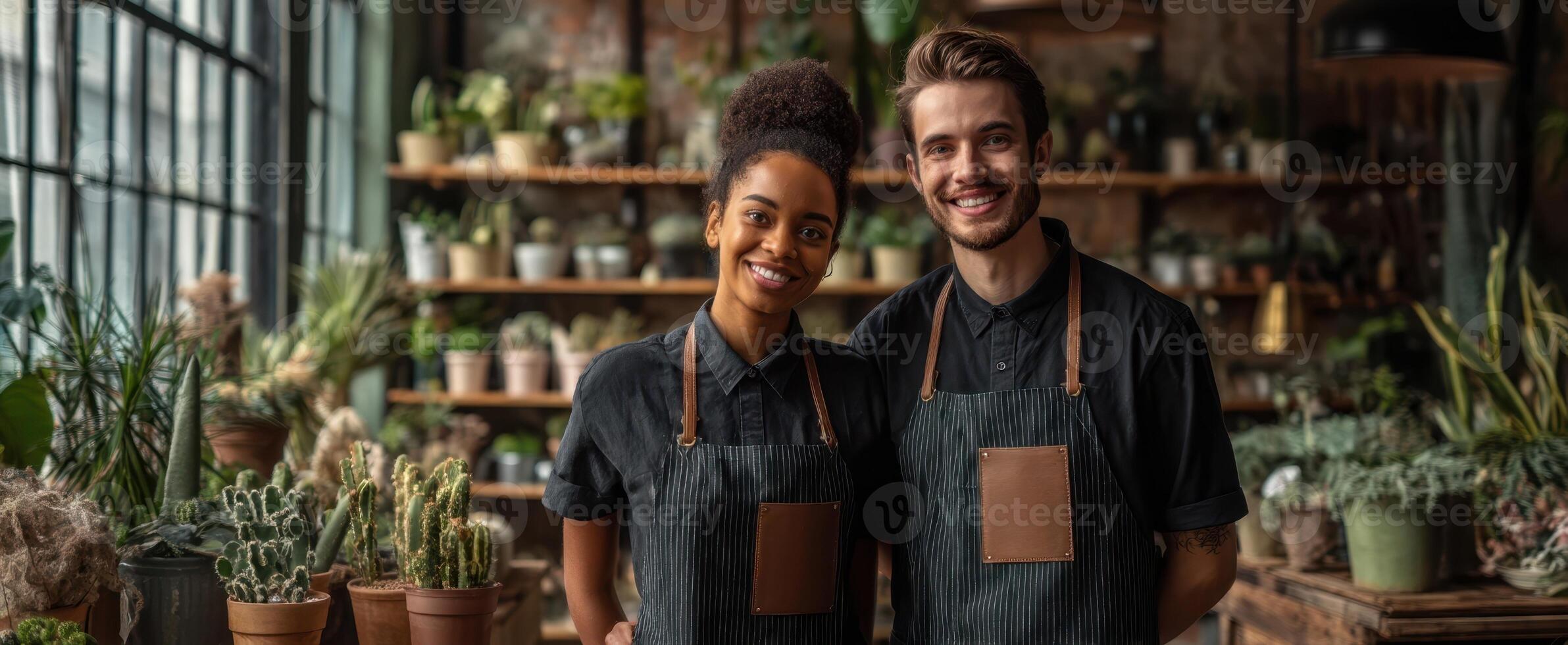 The smiling couple in a plant shop surrounded by greenery and pots. photo