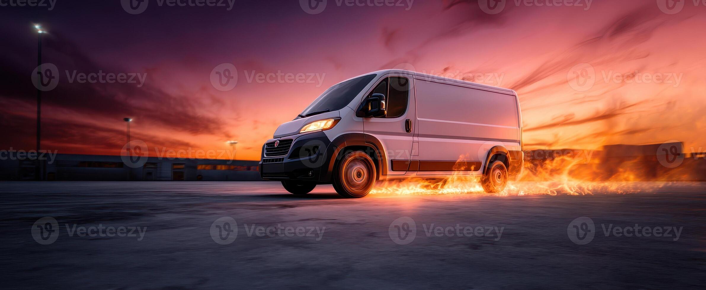 The dynamic van racing through an urban landscape at sunset. photo