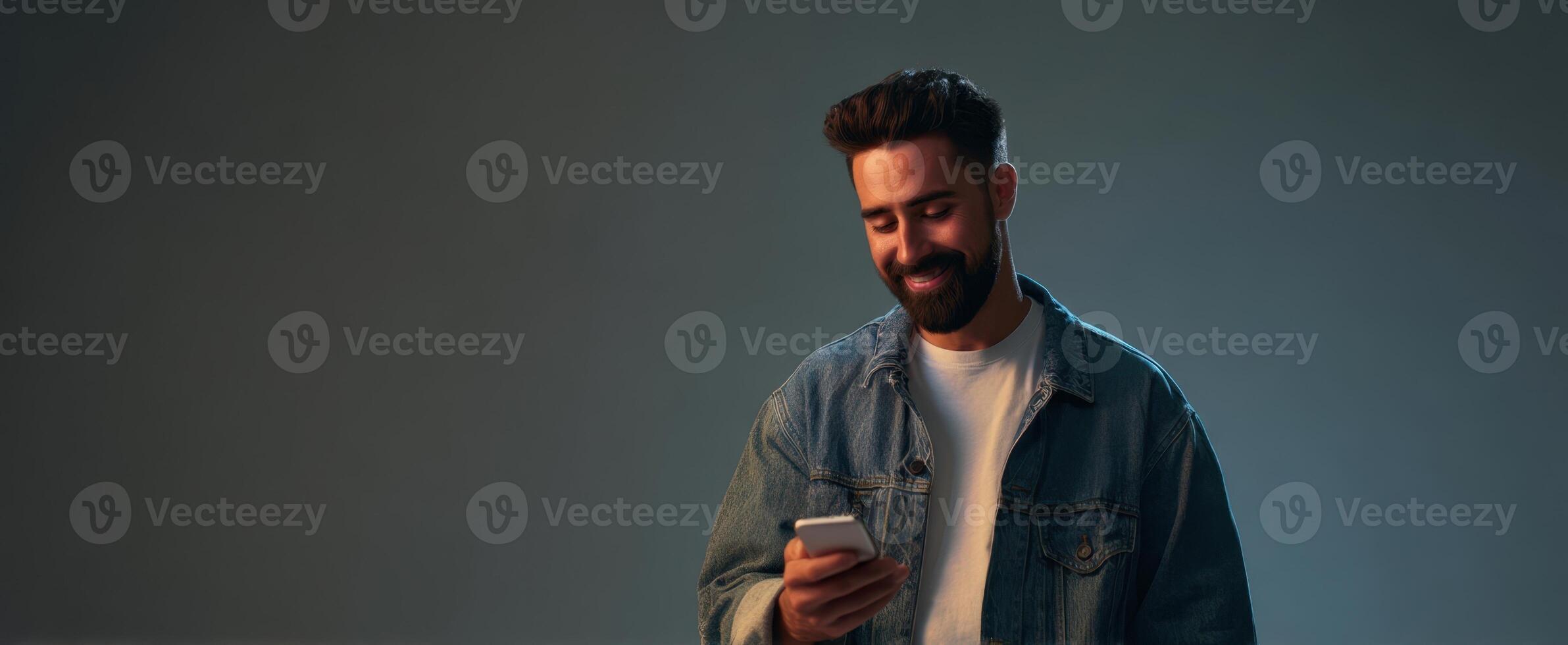 The smiling man using a smartphone in a stylish modern setting. photo