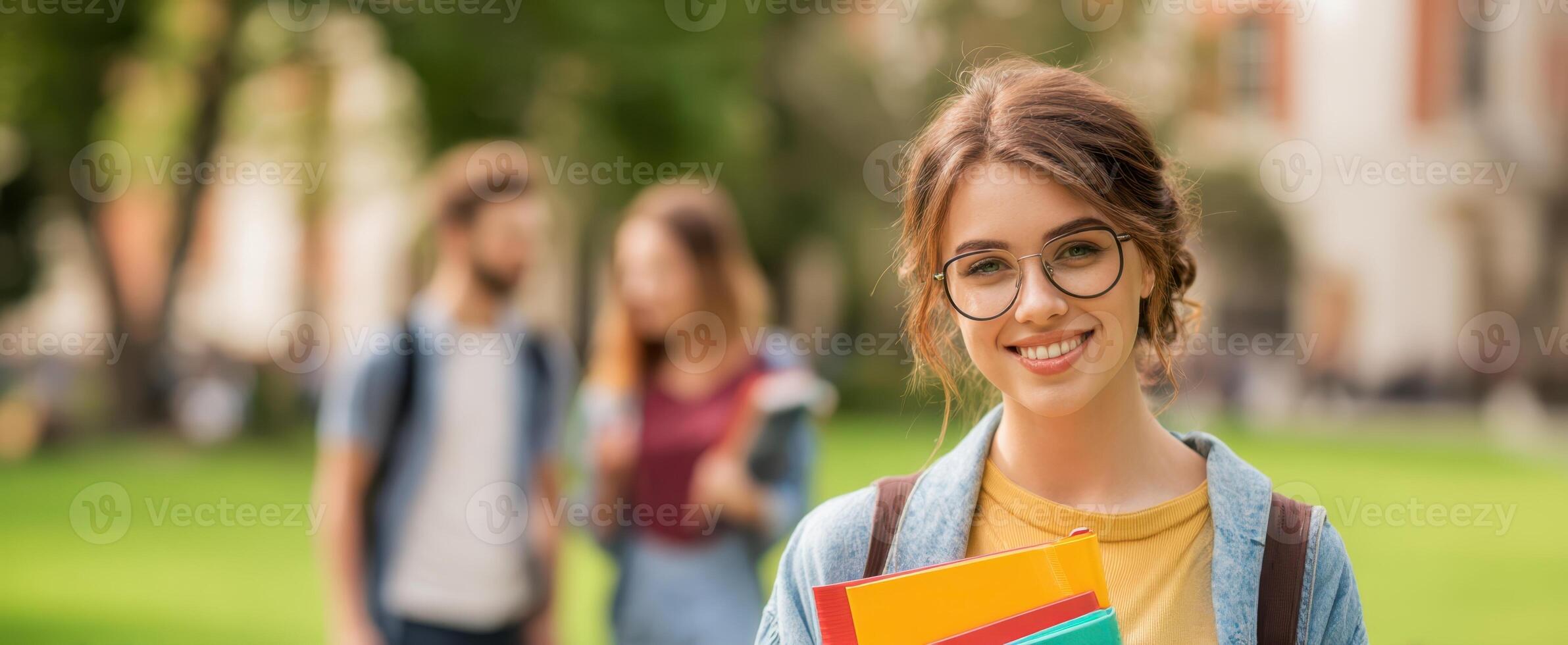 The smiling student with books enjoying a beautiful day on campus. photo