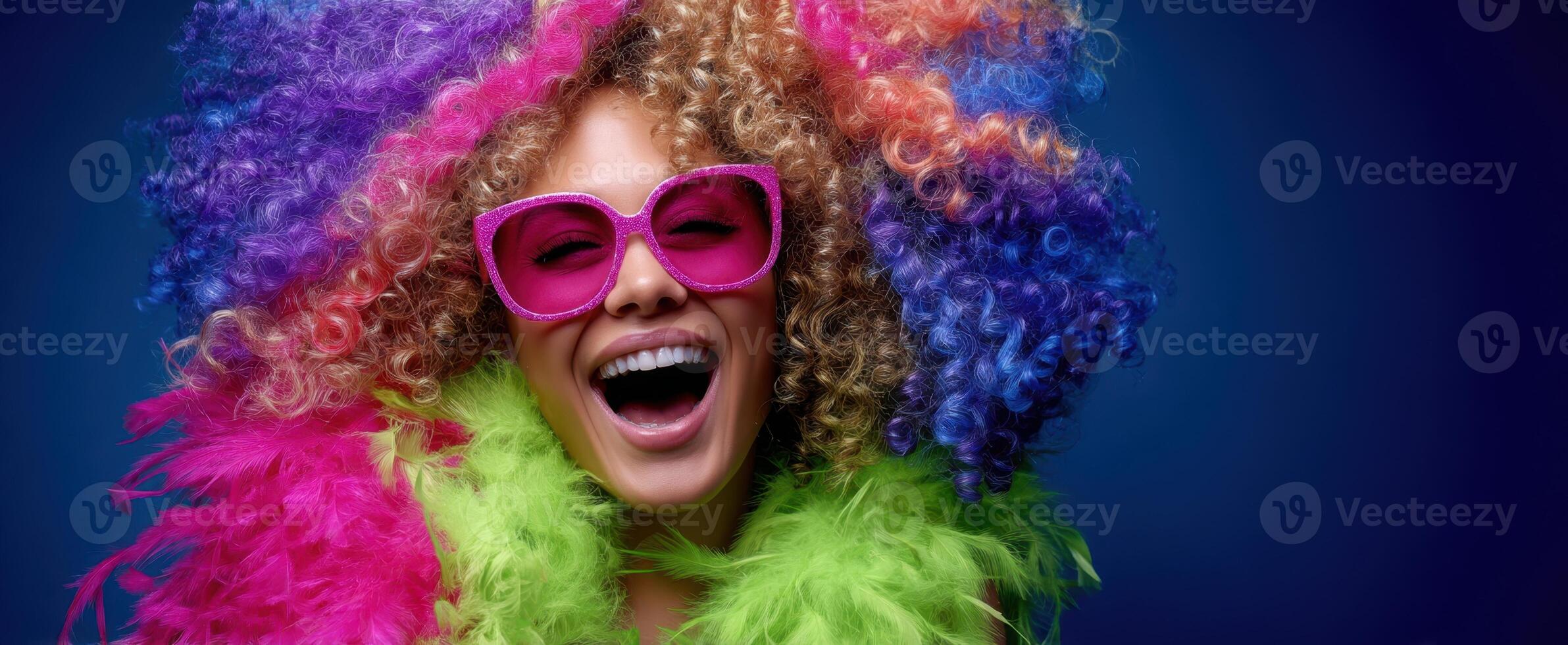 The vibrant woman with colorful hair and joyful expression celebrating life. photo