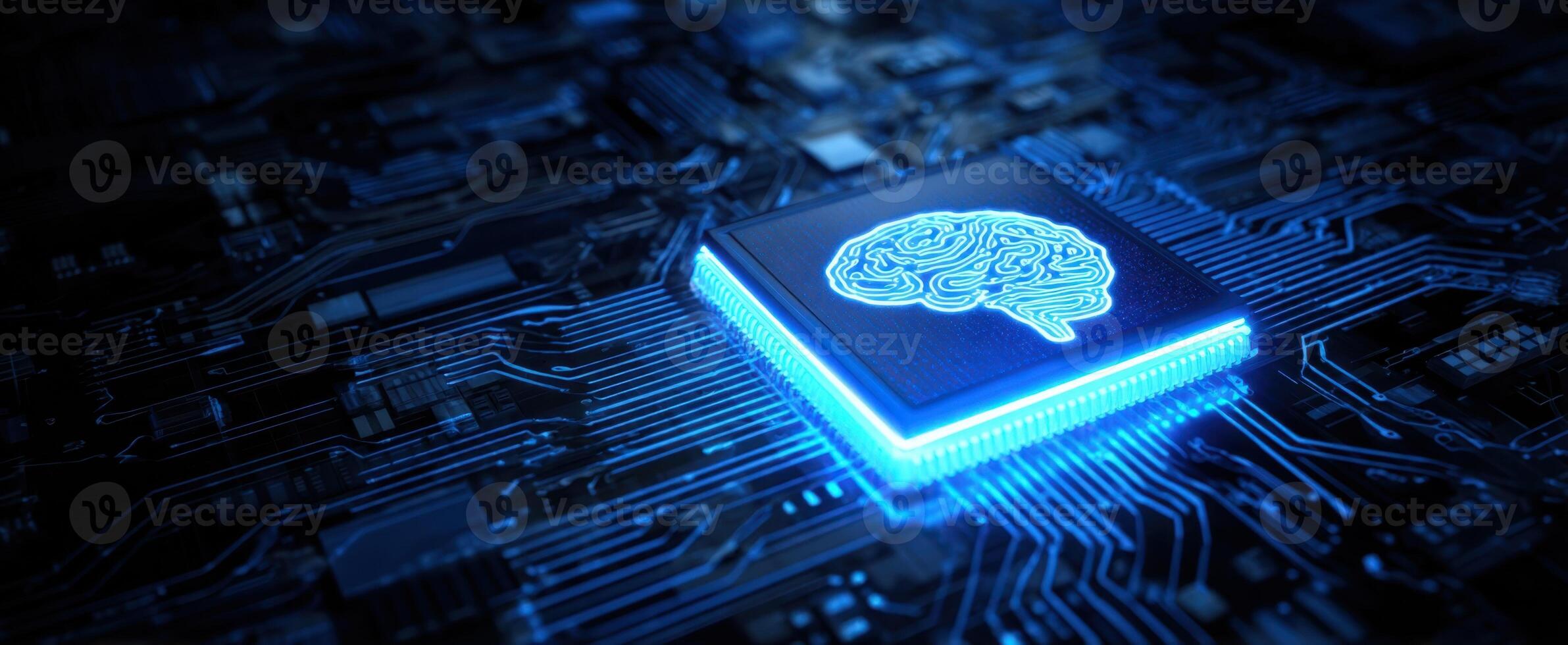 The microchip featuring a brain design on a futuristic circuit board. photo