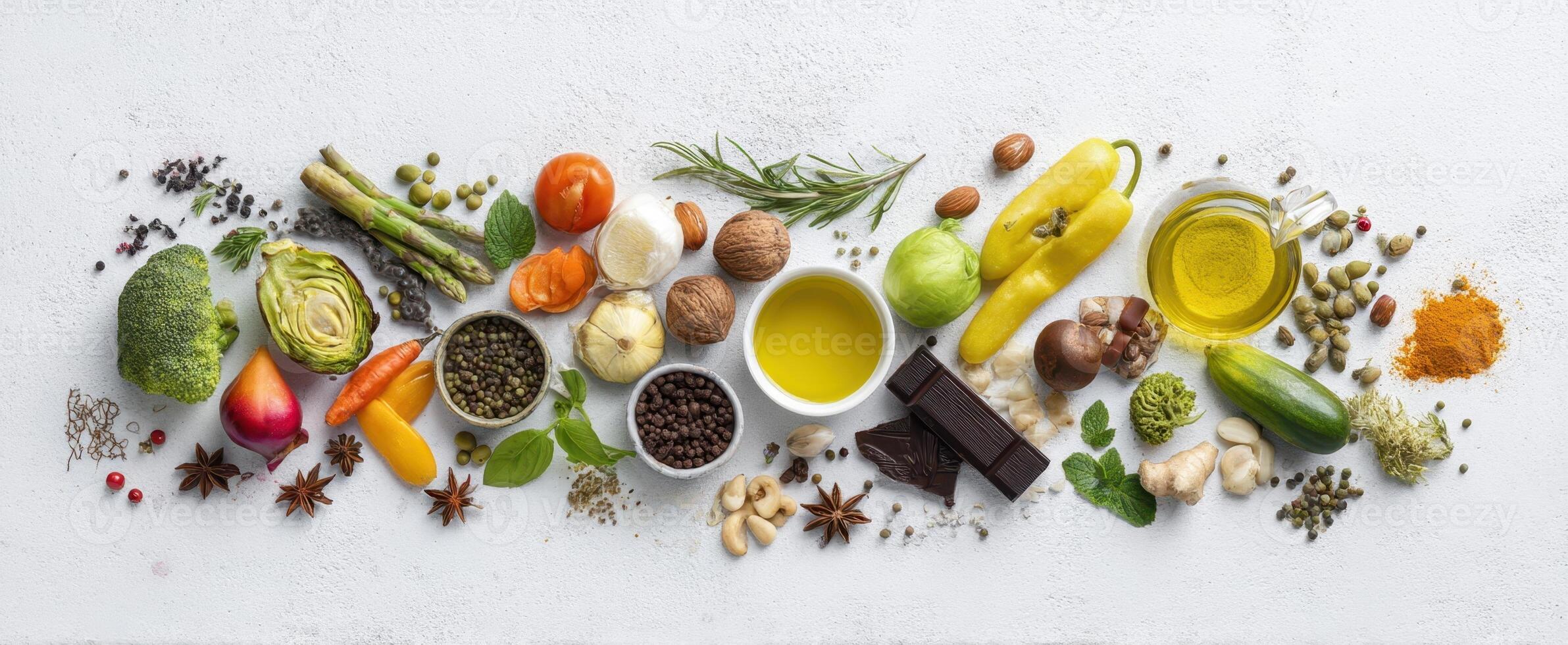 The assortment of fresh vegetables, fruits, and herbs on a textured surface photo
