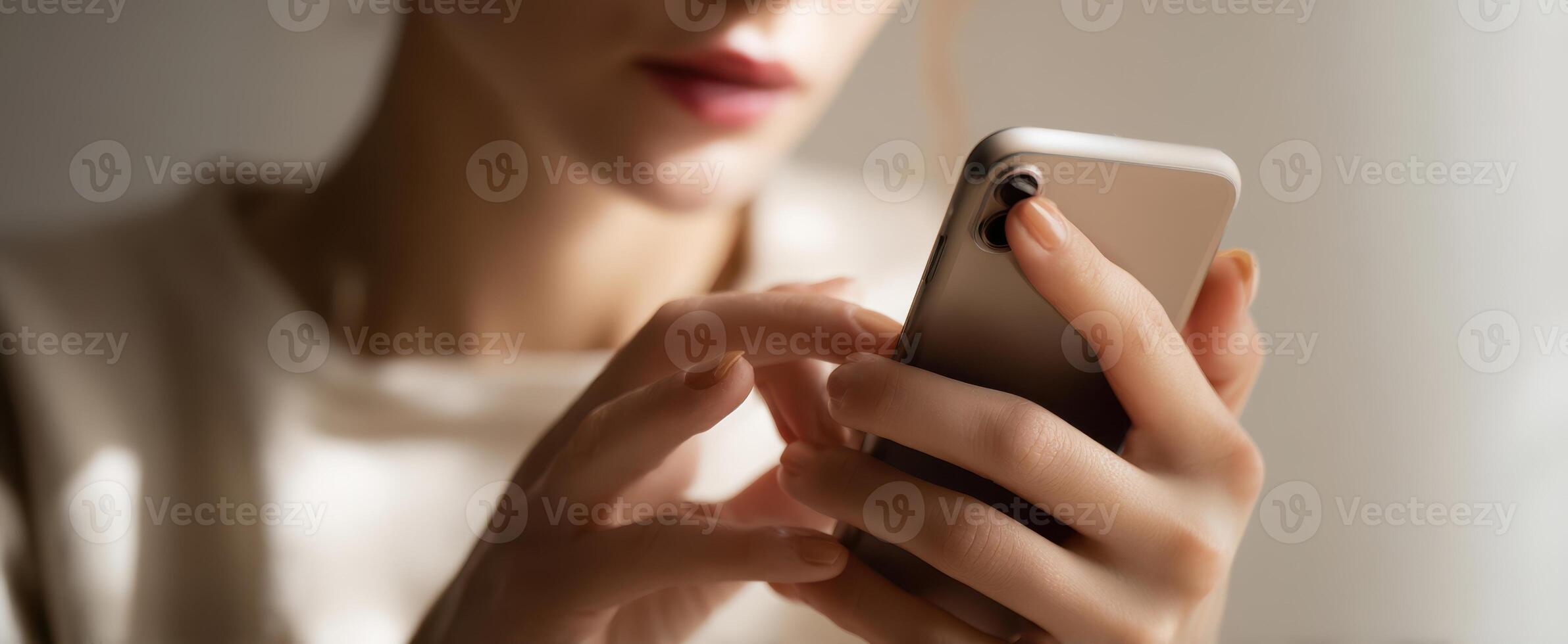 The woman using a smartphone in a soft and inviting setting. photo