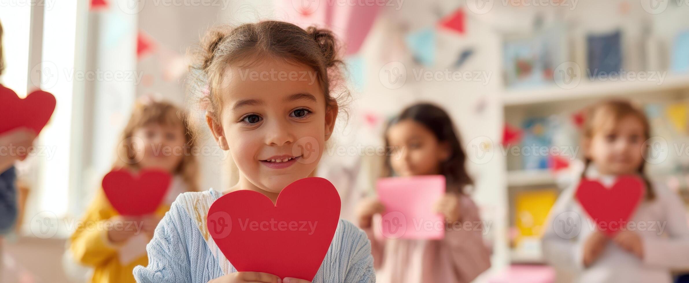 The joyful children creating heartfelt decorations for a festive celebration. photo