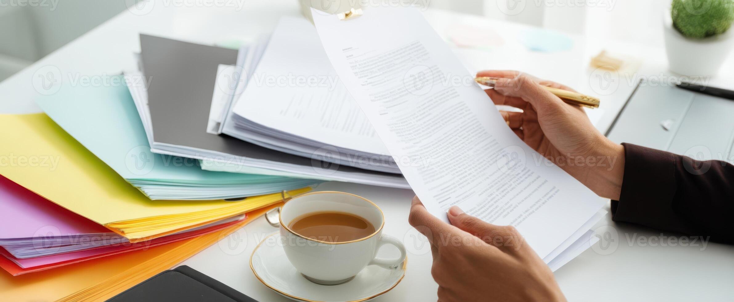 The organized workspace with colorful folders and a cup of coffee. photo