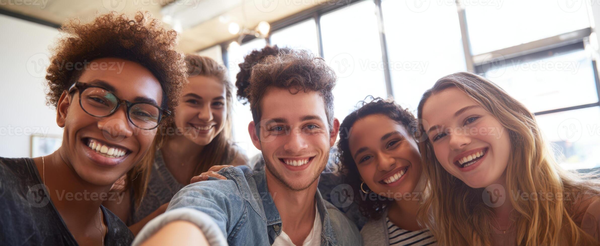 The joyful group of friends capturing a fun moment together in a selfie. photo
