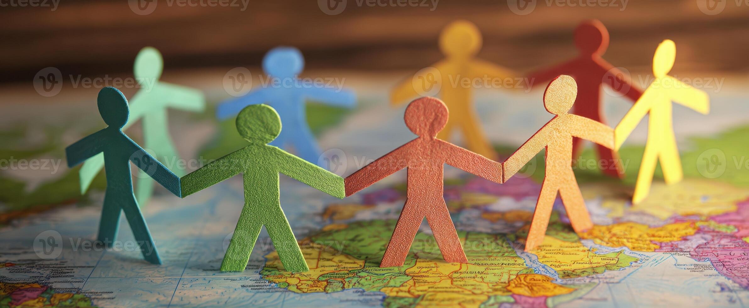 The colorful paper figures representing unity and connection over a world map photo