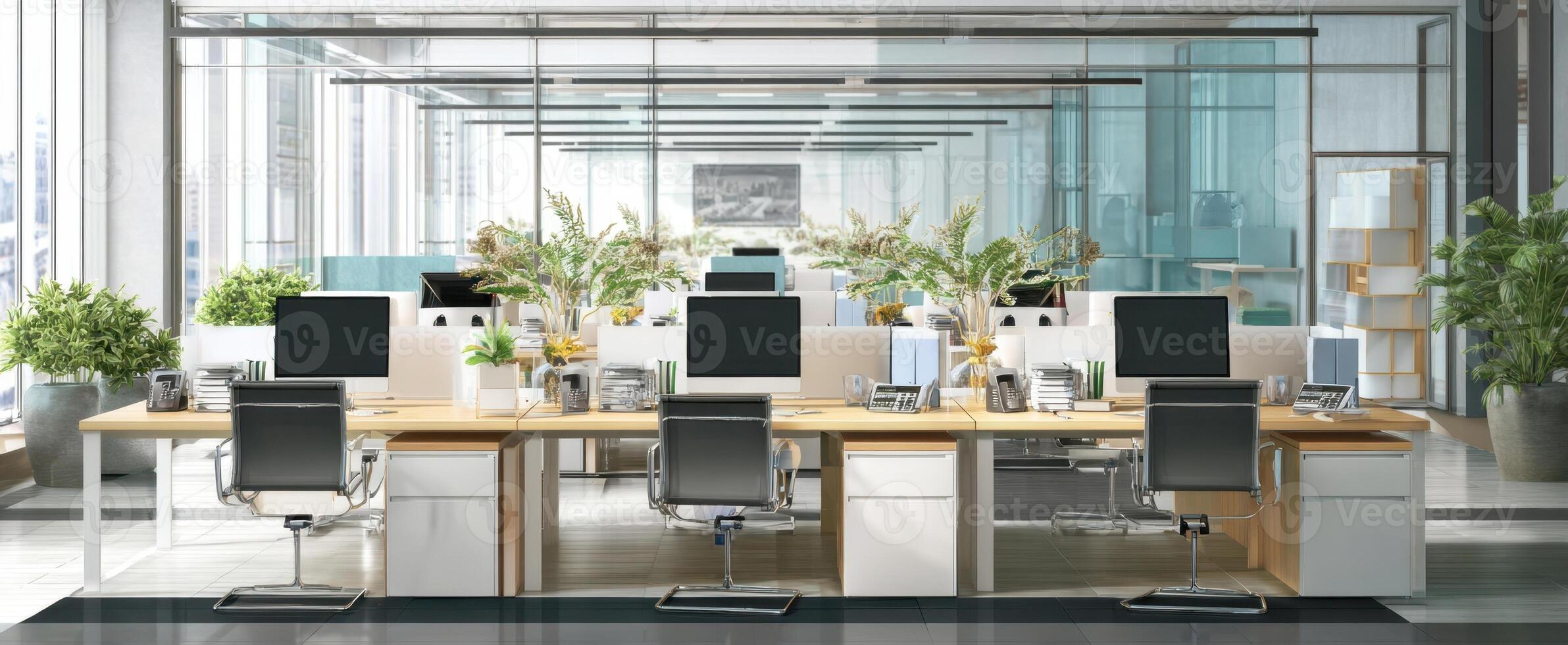 The modern office workspace with sleek design and greenery throughout. photo