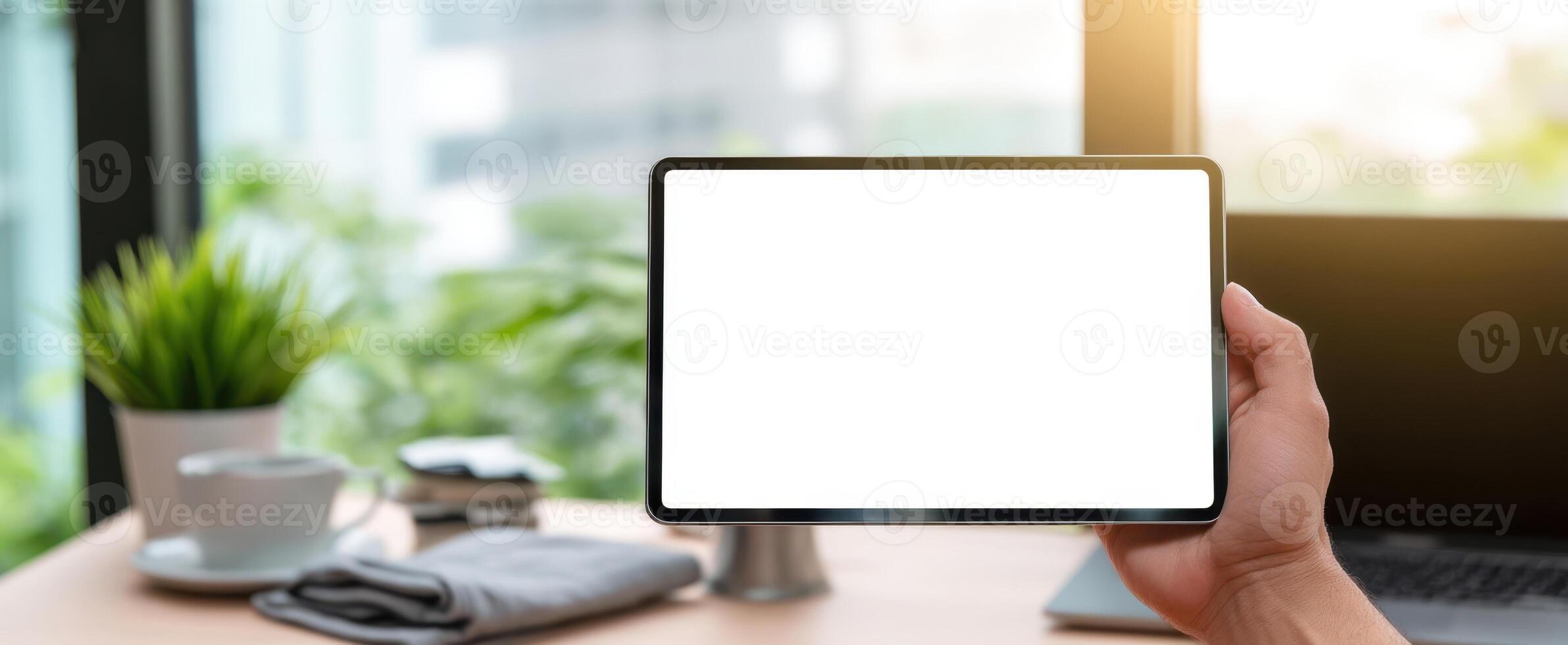 The tablet showcasing a blank screen in a modern home workspace. photo