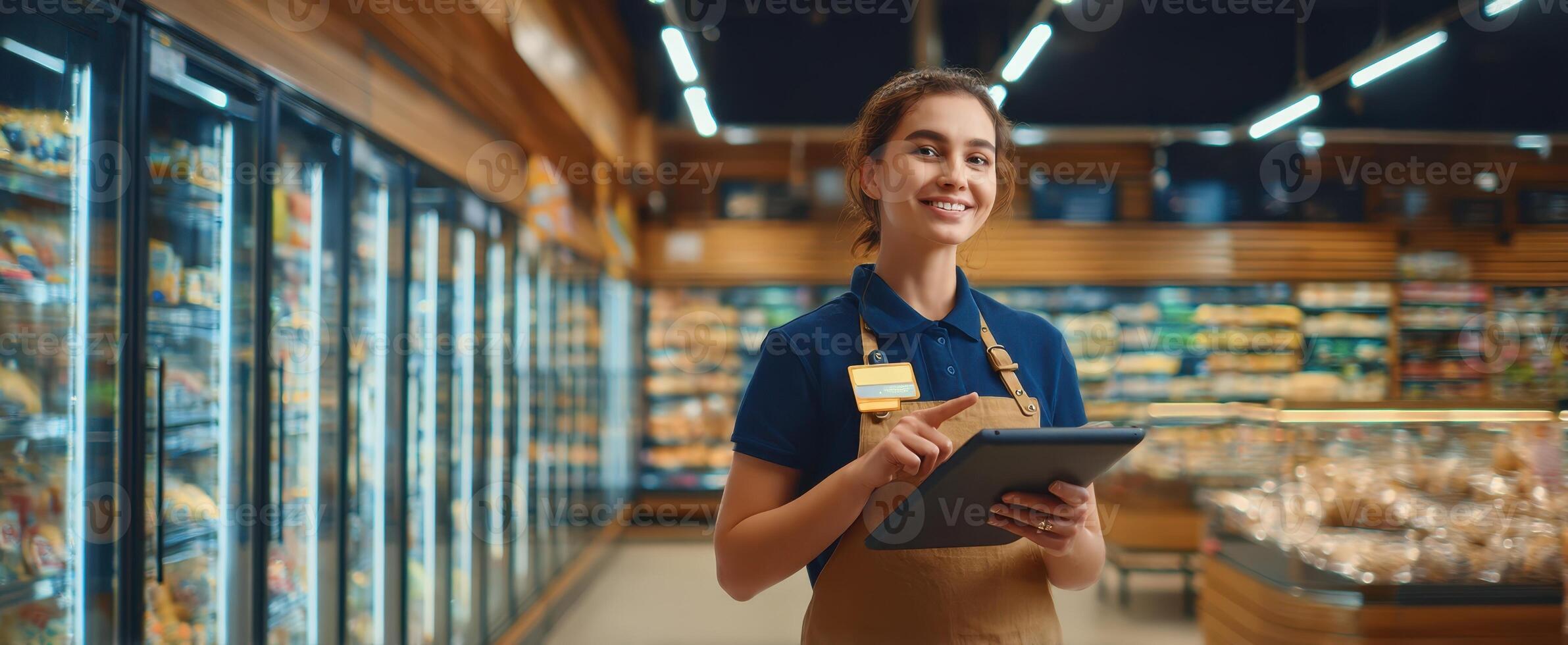 The friendly grocery store employee using a tablet in a vibrant market setting. photo