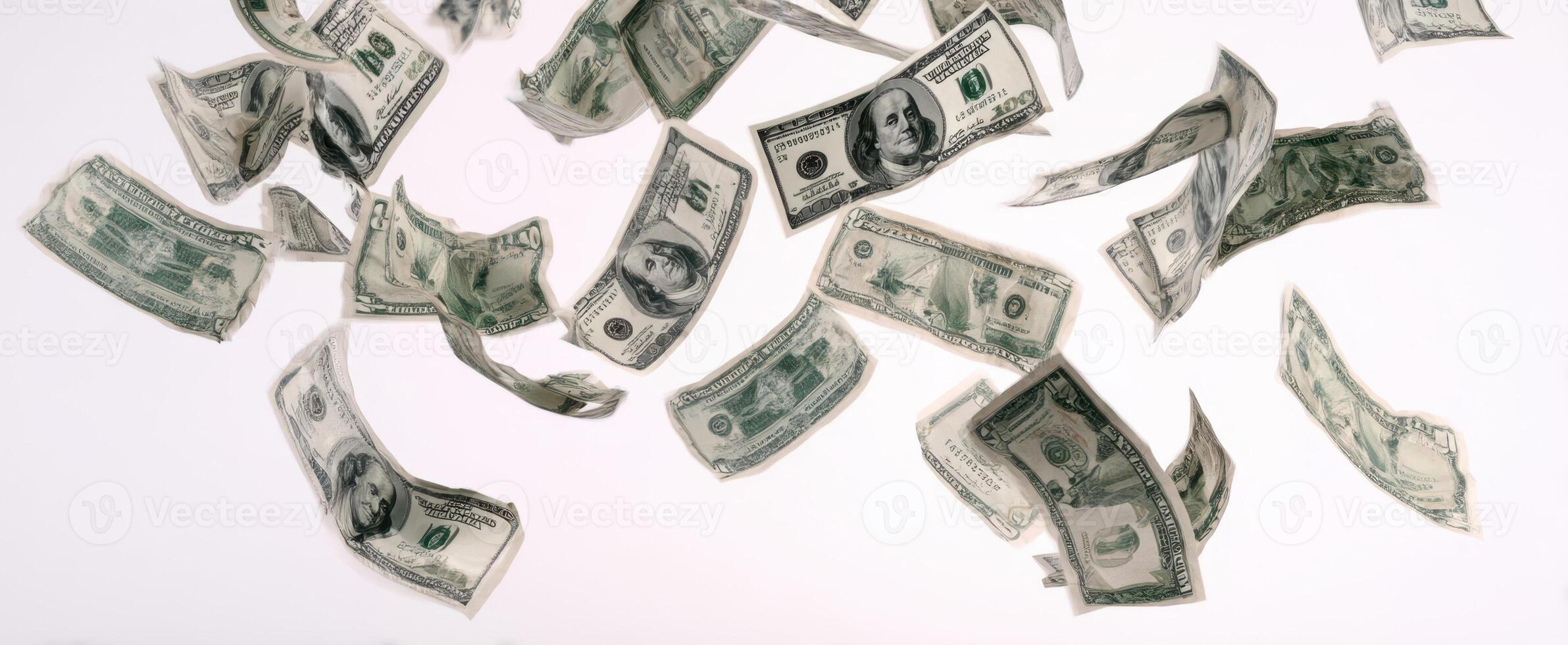 The whirlwind of dollar bills floating in the air against a white background. photo