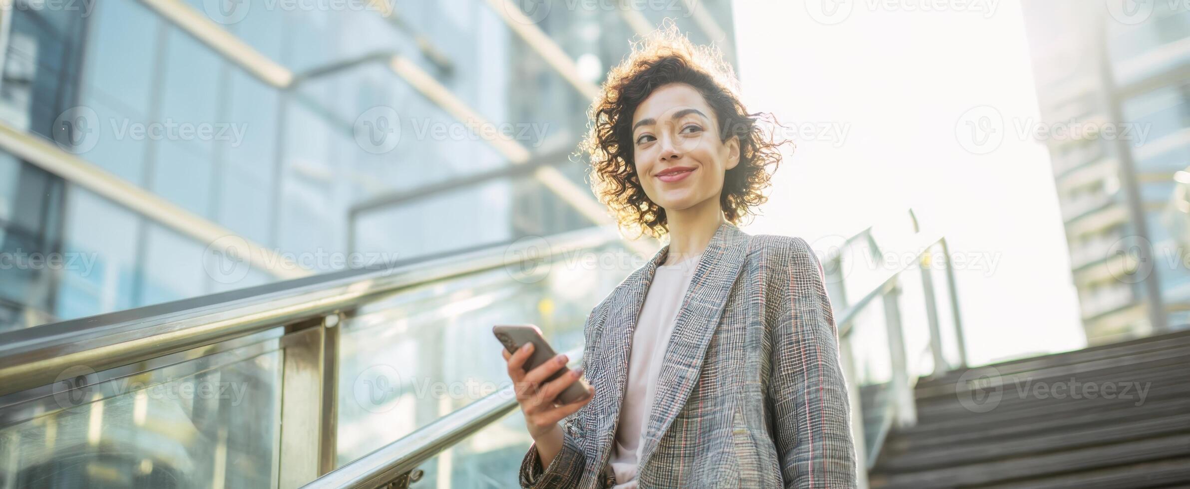 The confident woman smiling while walking up stairs in a modern city. photo