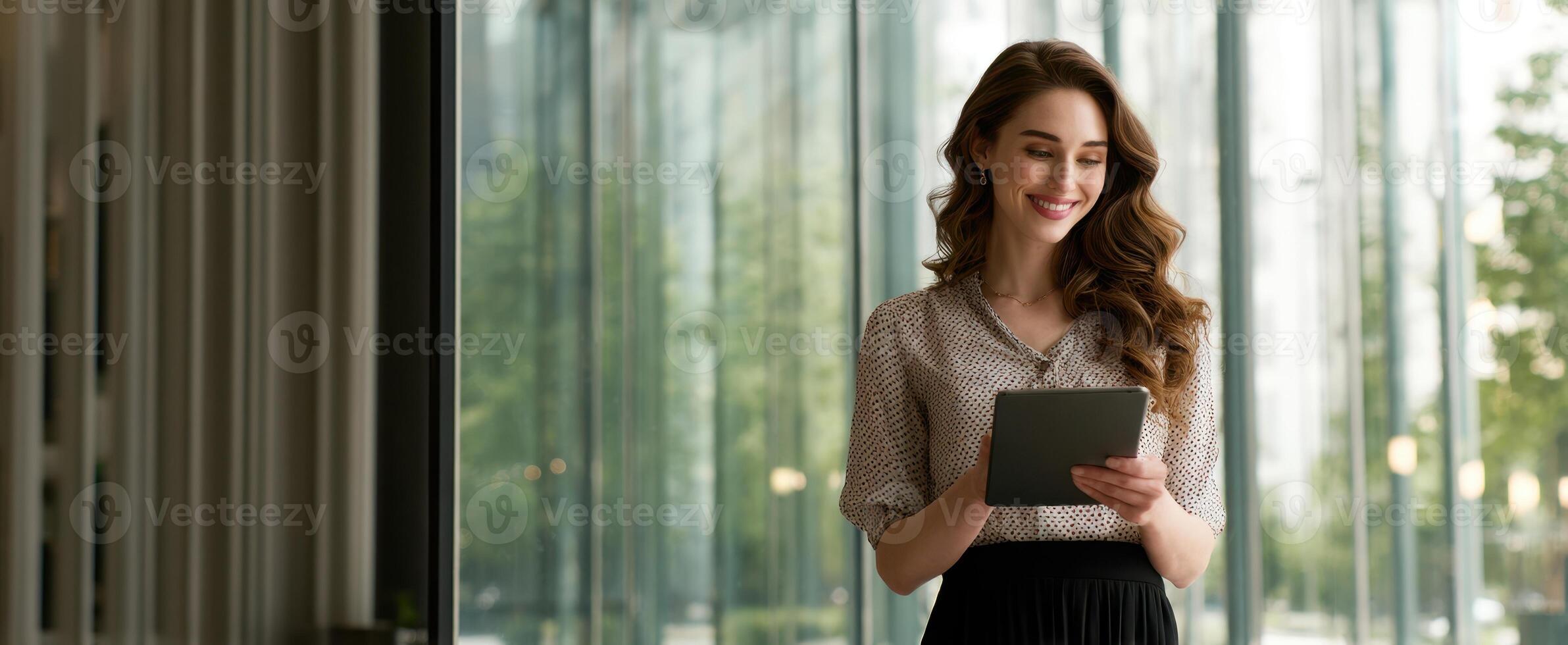 The young woman happily using a tablet in a modern office space. photo