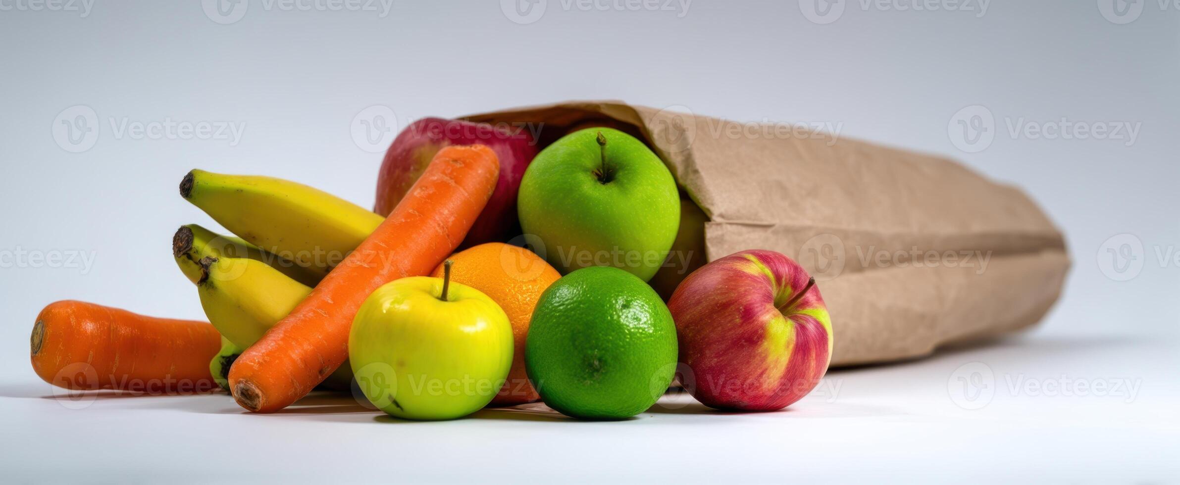 The fresh assortment of colorful fruits and vegetables in a paper bag photo