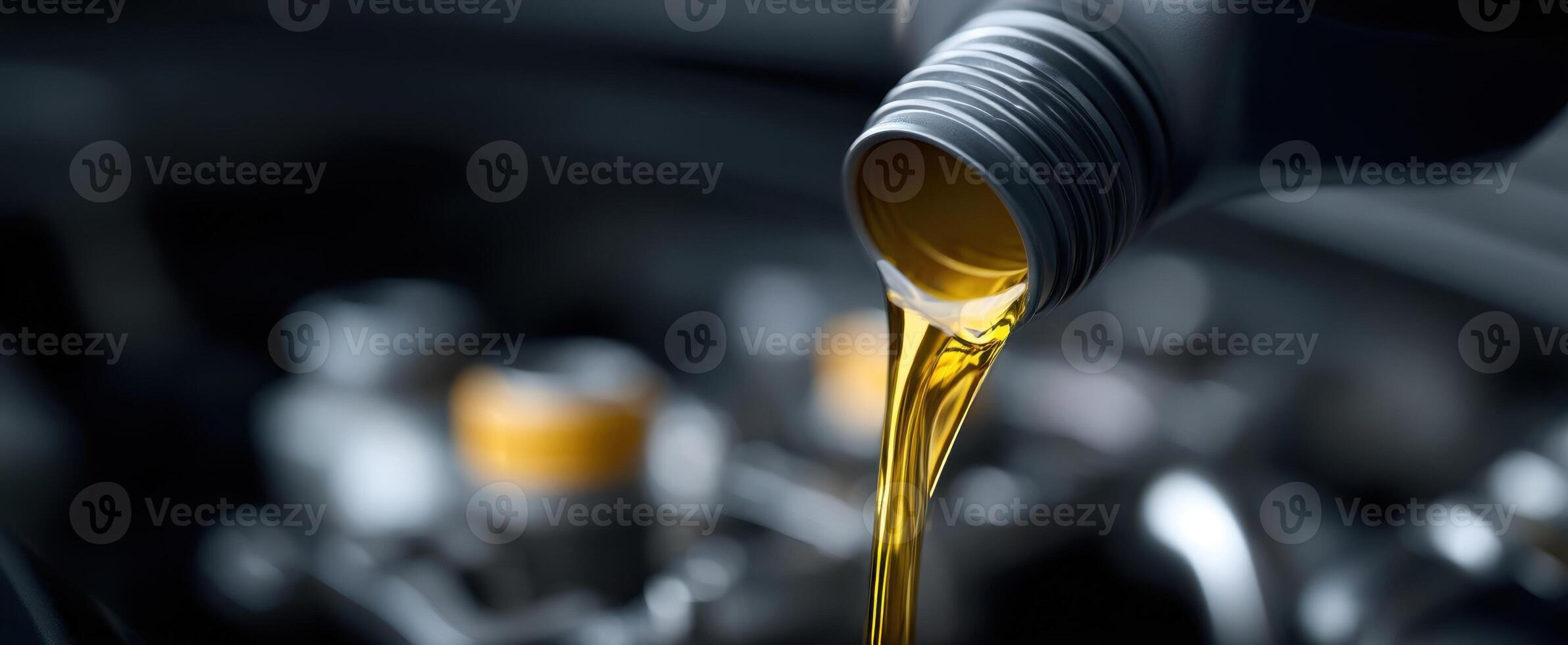 The pouring oil from a bottle into an automotive engine components. photo