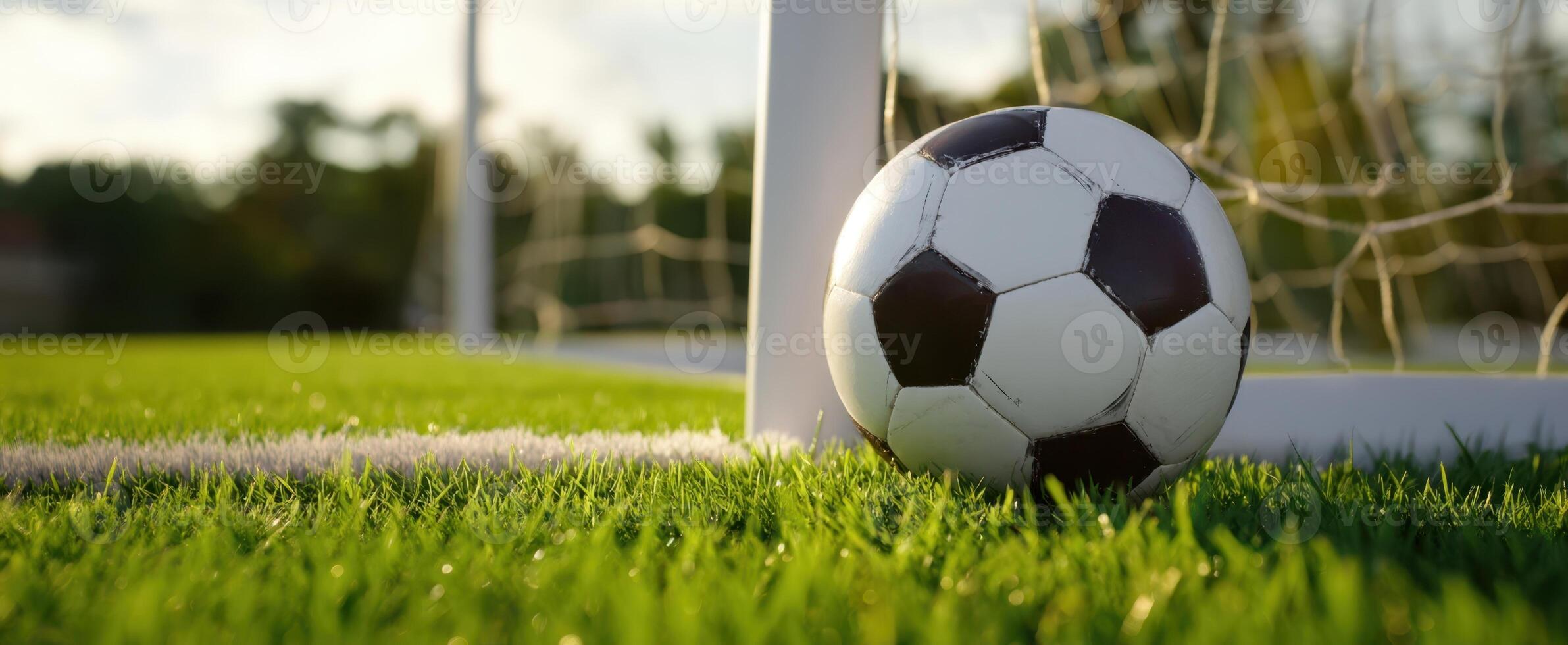 The soccer ball resting near the goalpost on a sunlit field photo