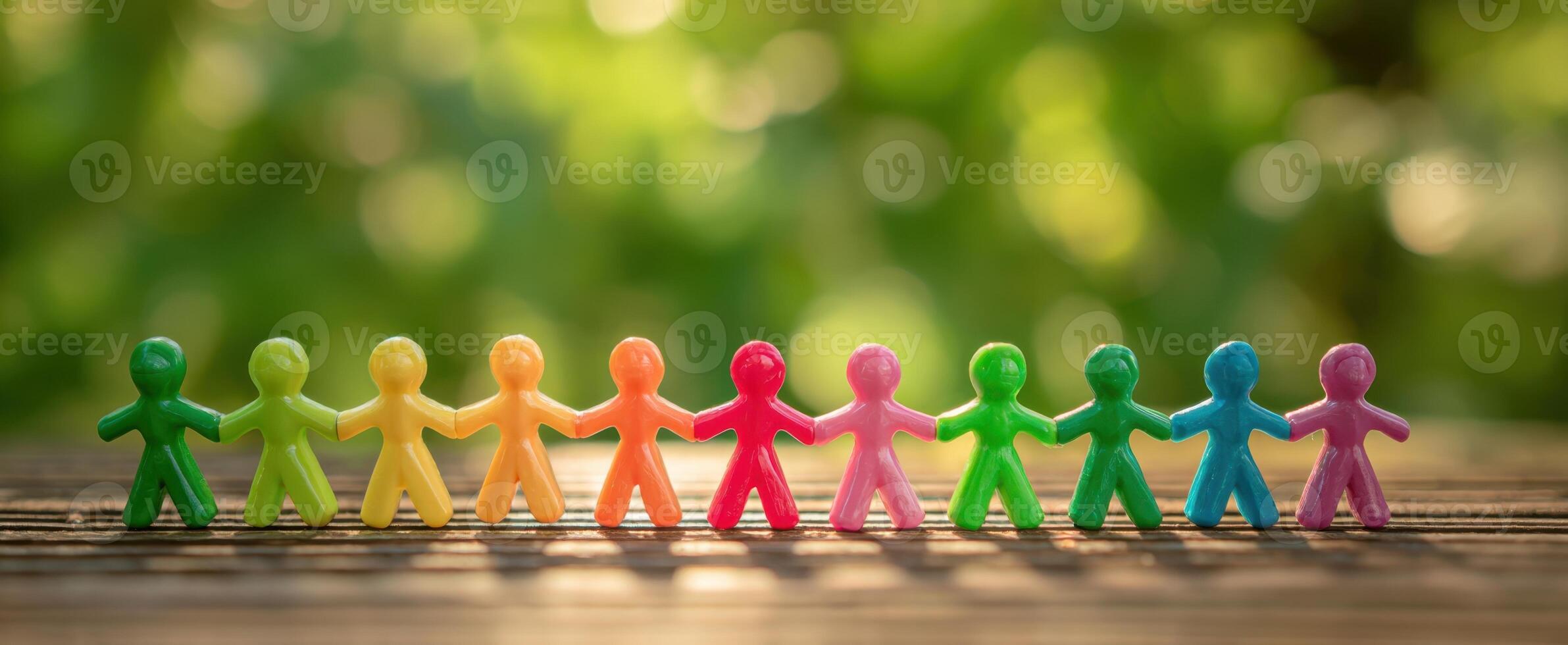 The colorful figures representing unity and friendship in a natural setting. photo