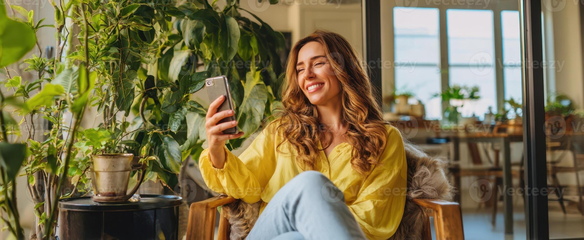 The woman smiling while using a smartphone in a cozy indoor setting. photo