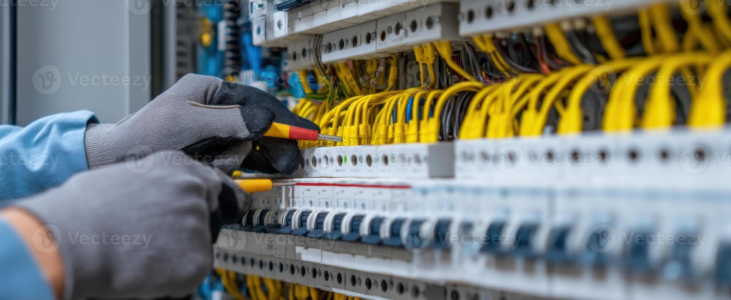 The technician working on electrical wiring in a control panel setup. photo