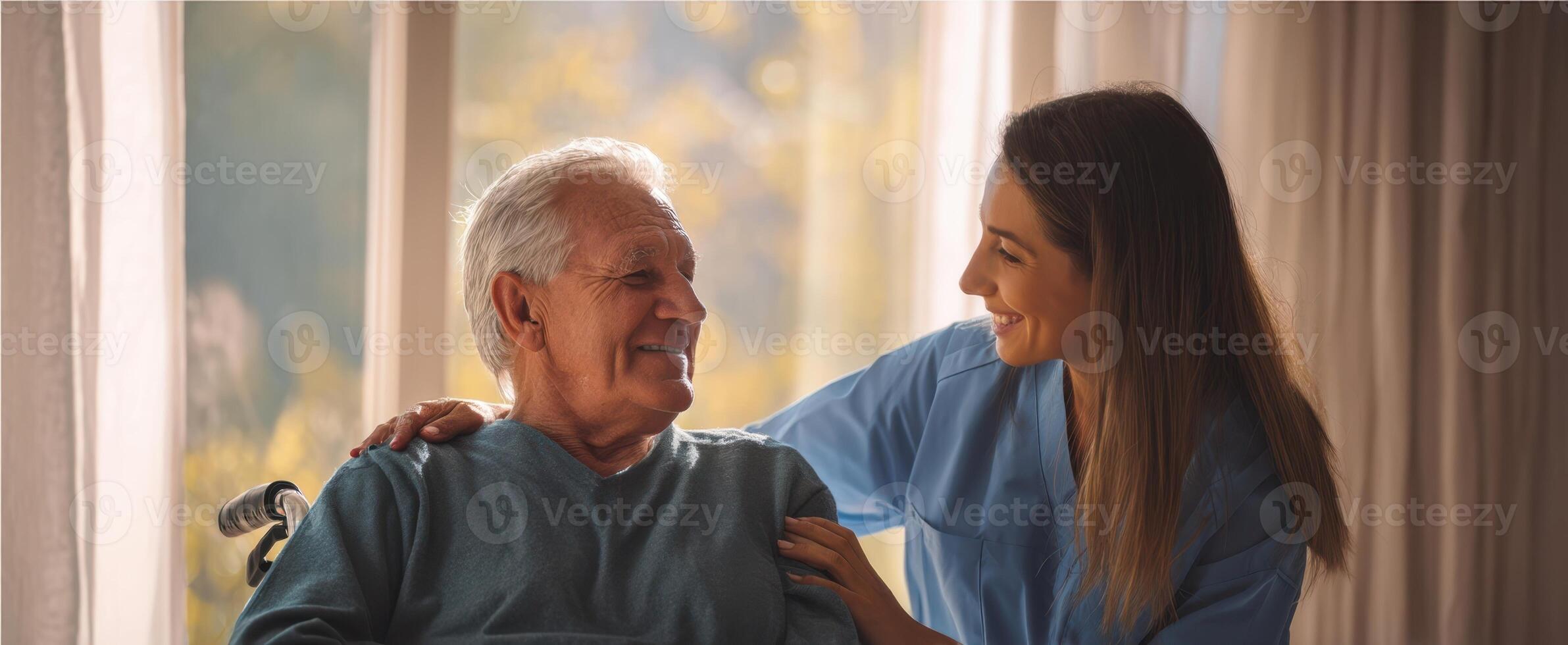 The caregiver providing warmth and connection to an elderly man in a serene indoor setting. photo