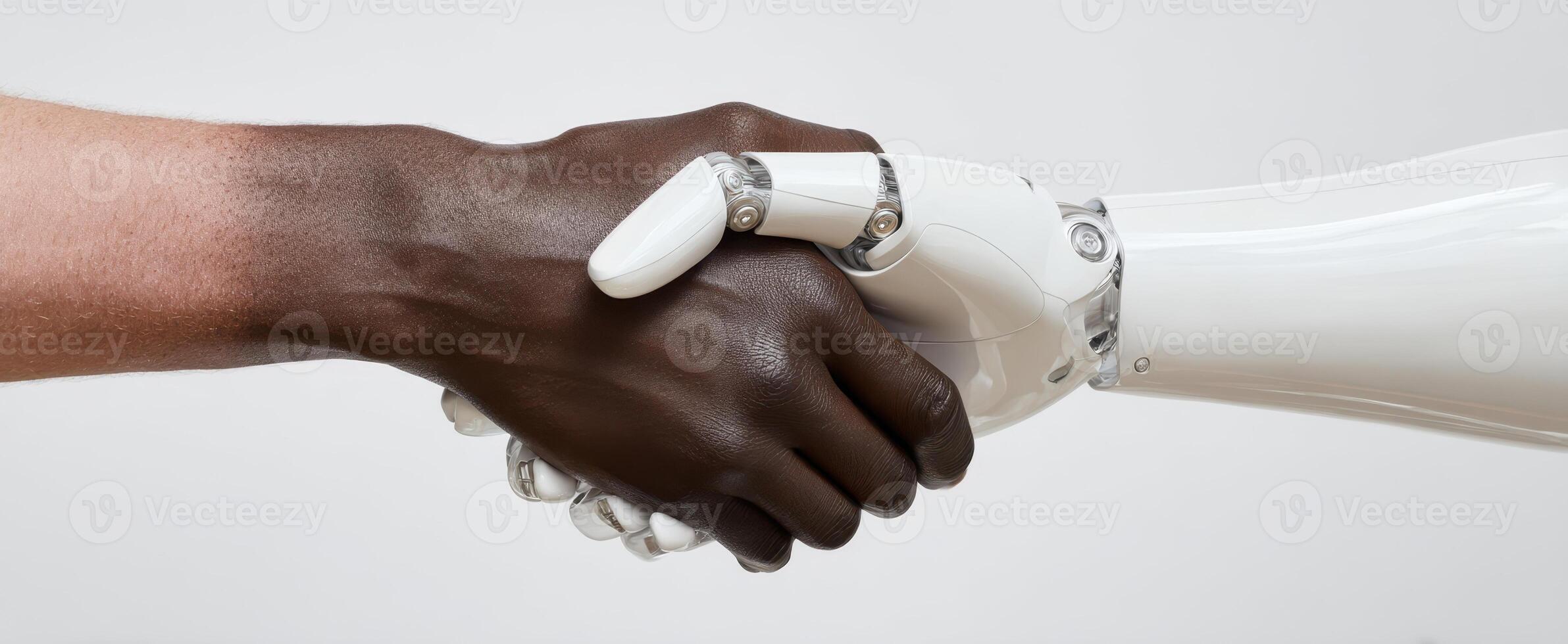 The handshake between a human and a robotic hand symbolizing partnership and innovation. photo