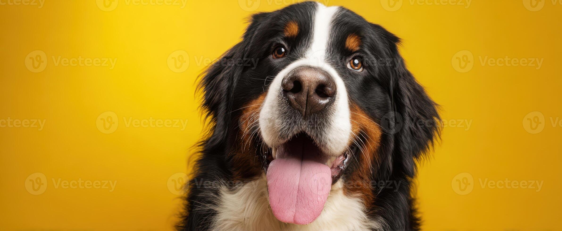 The adorable Bernese Mountain Dog with a cheerful expression and vibrant backdrop. photo