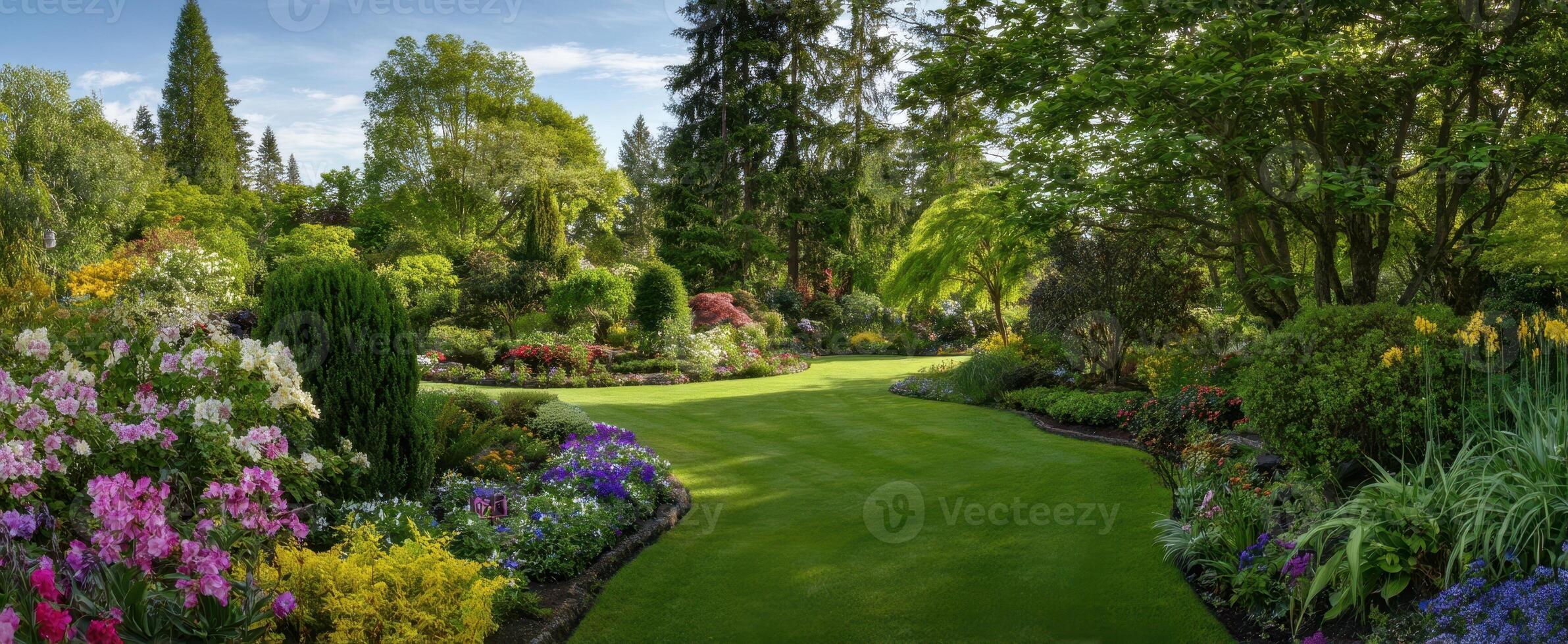 The lush garden path surrounded by vibrant flowers and serene greenery. photo